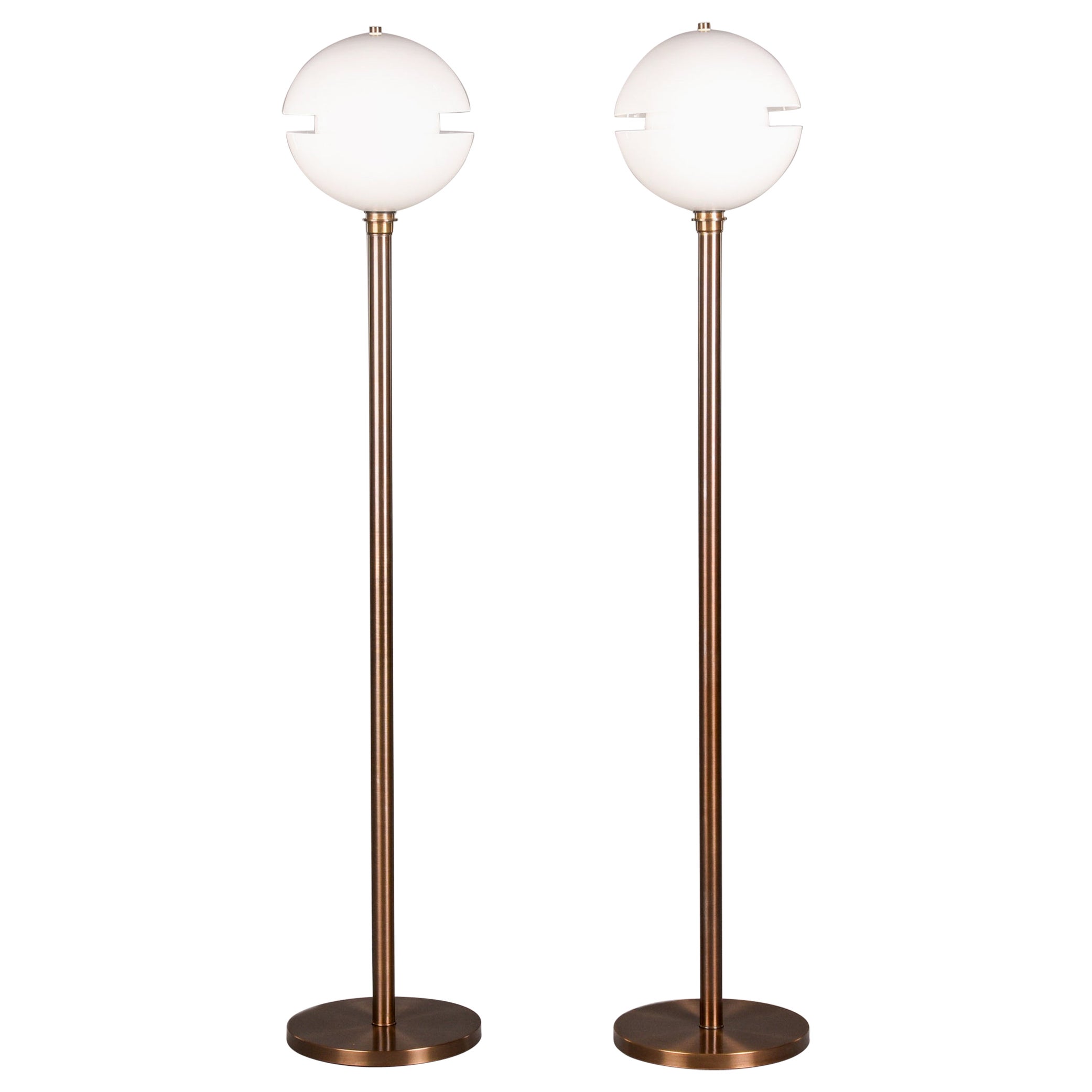 Pair Bespoke Split Globe Glass Floor Lamps with Dark Brass Base For Sale