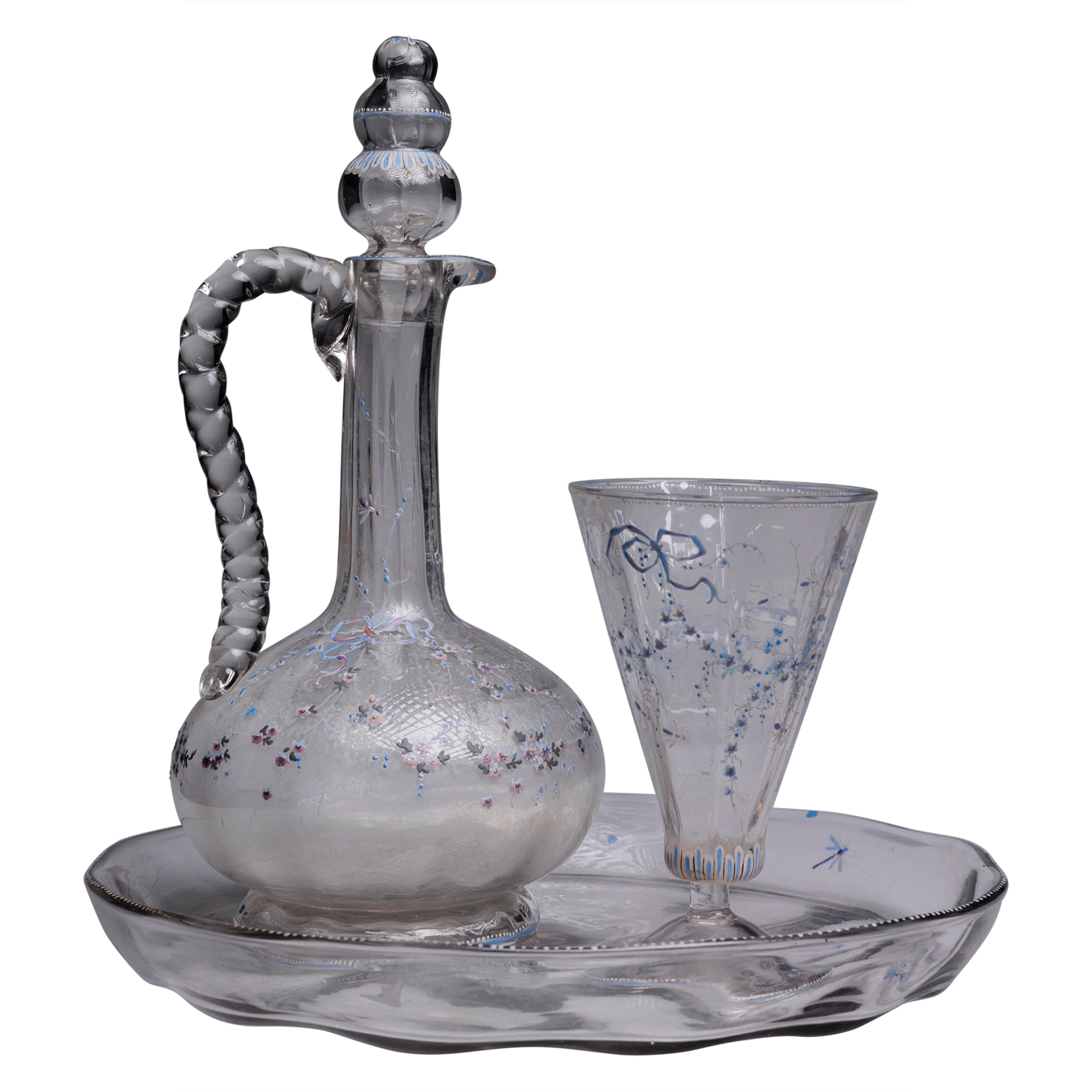 Art Nouveau French Glass Decanter Set by Emile Galle For Sale