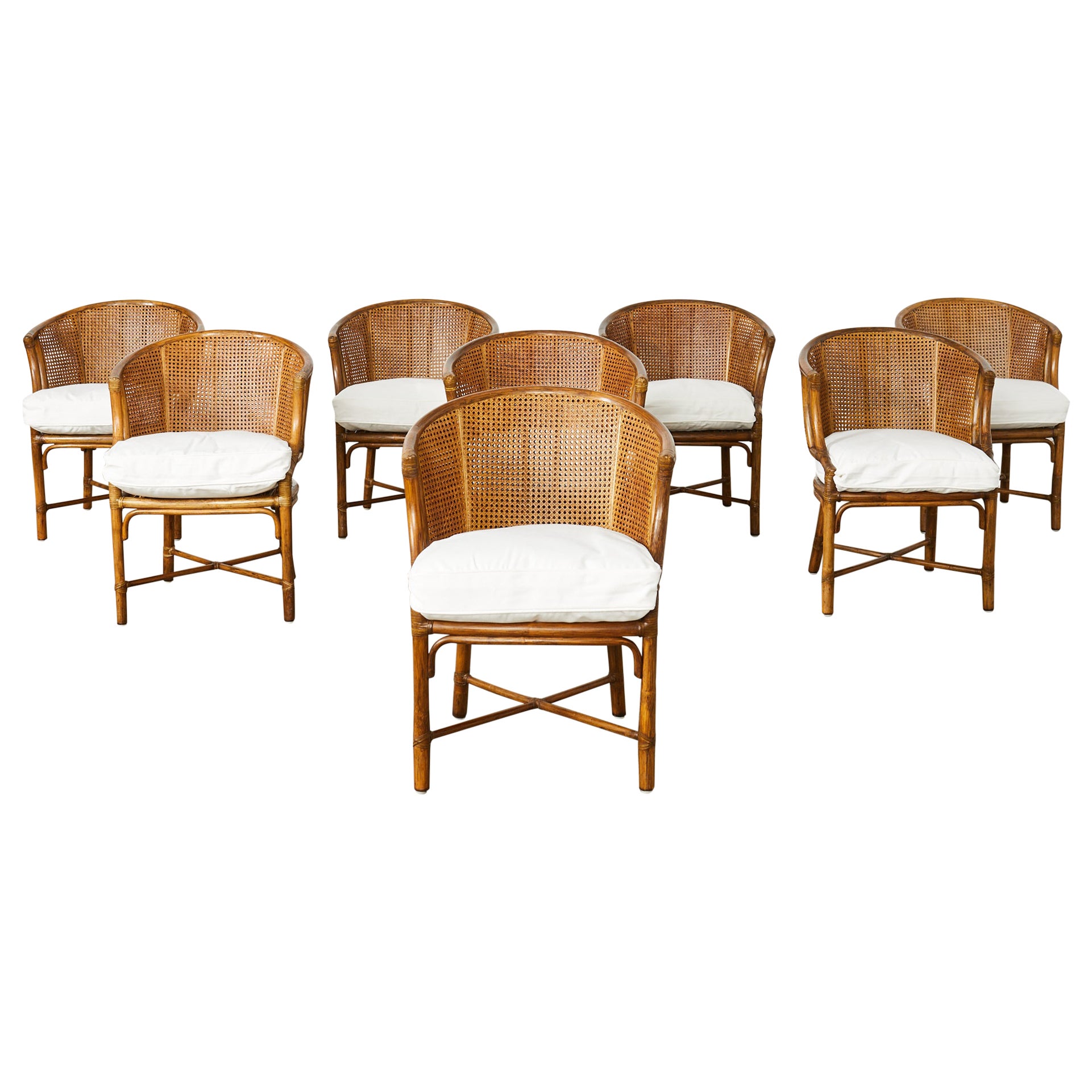 Set of Eight McGuire Rattan Caned Barrel Dining Chairs 