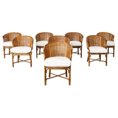 Set of Eight McGuire Rattan Caned Barrel Dining Chairs 