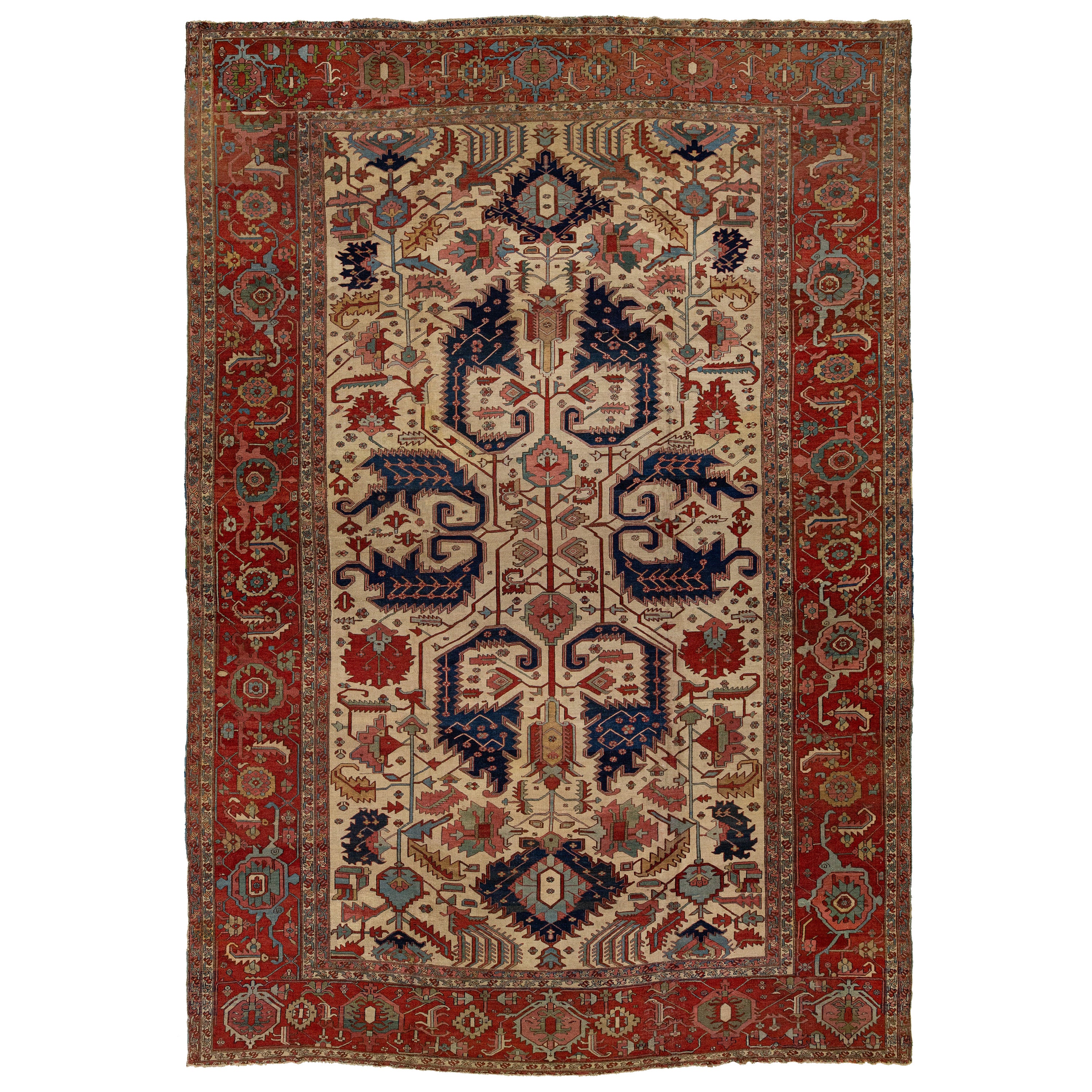 1900s Antique Handmade Wool Rug Persian Serapi Featuring a Allover Motif  For Sale