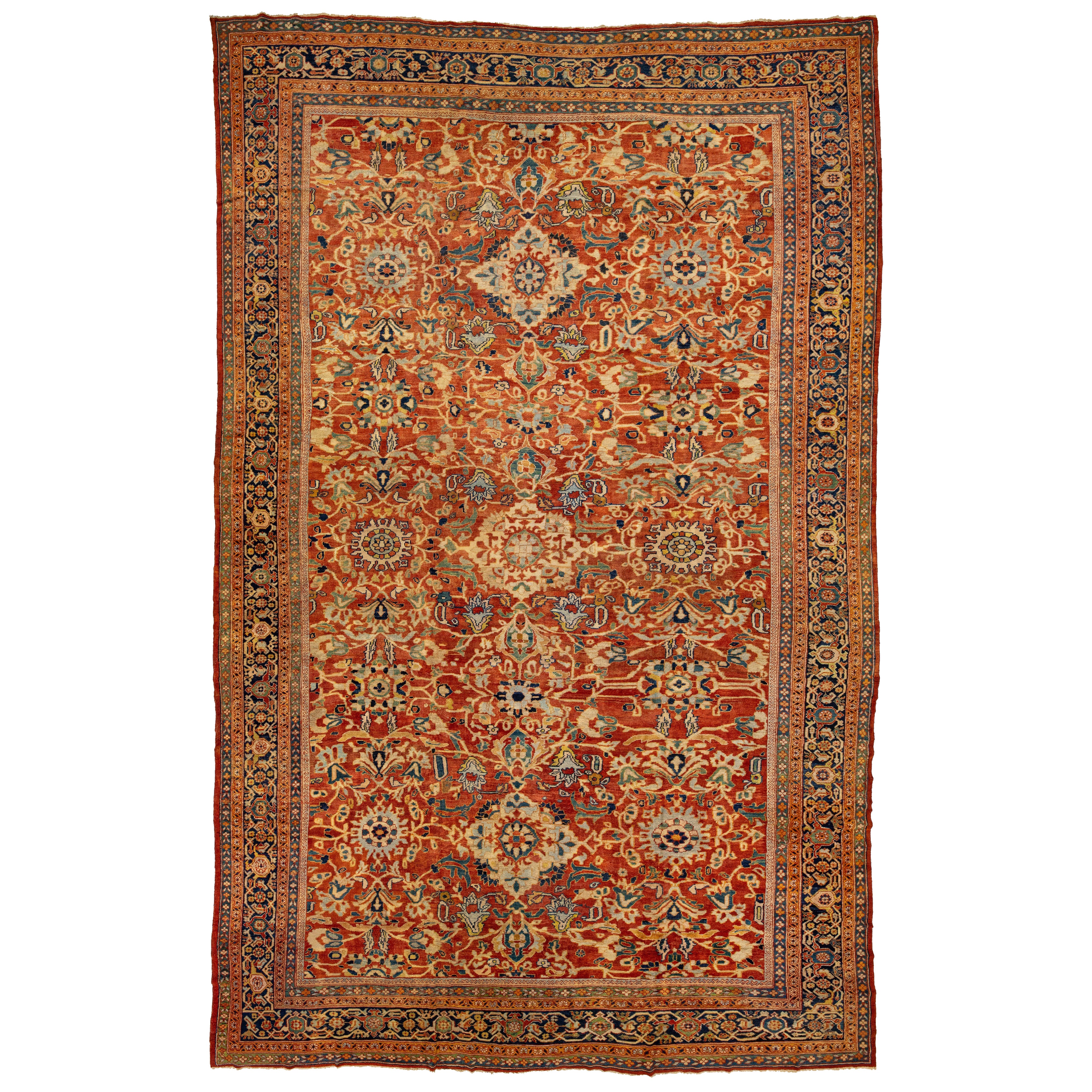 One of a Kind 1880's Antique Persian Sultanabad Allover Wool Rug In Rust Color  For Sale