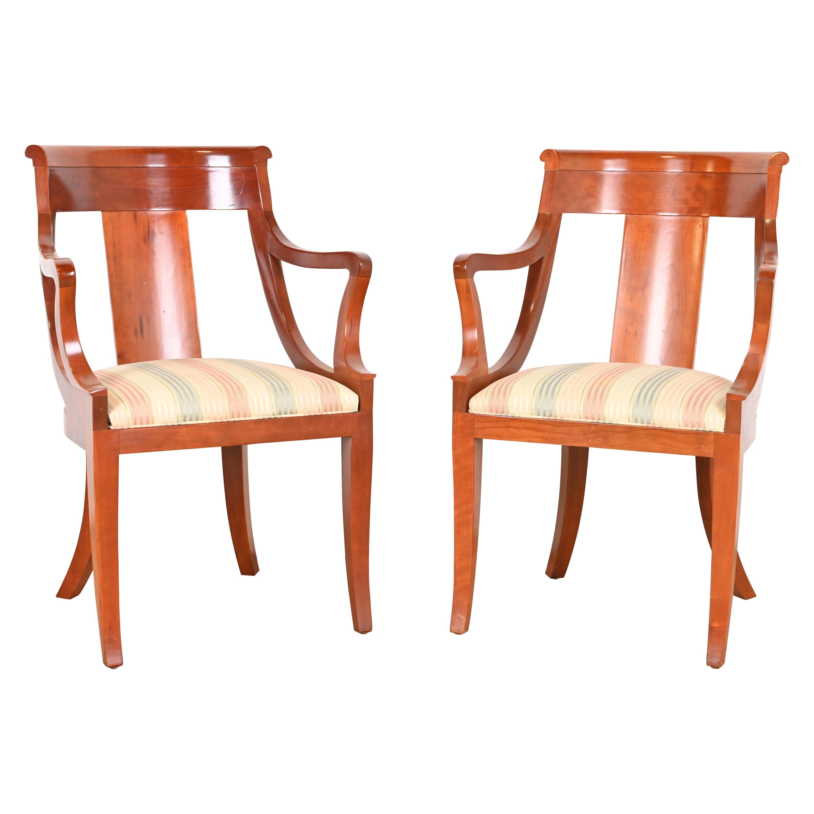 Baker Furniture Solid Cherry Wood Regency Arm Chairs, Pair For Sale