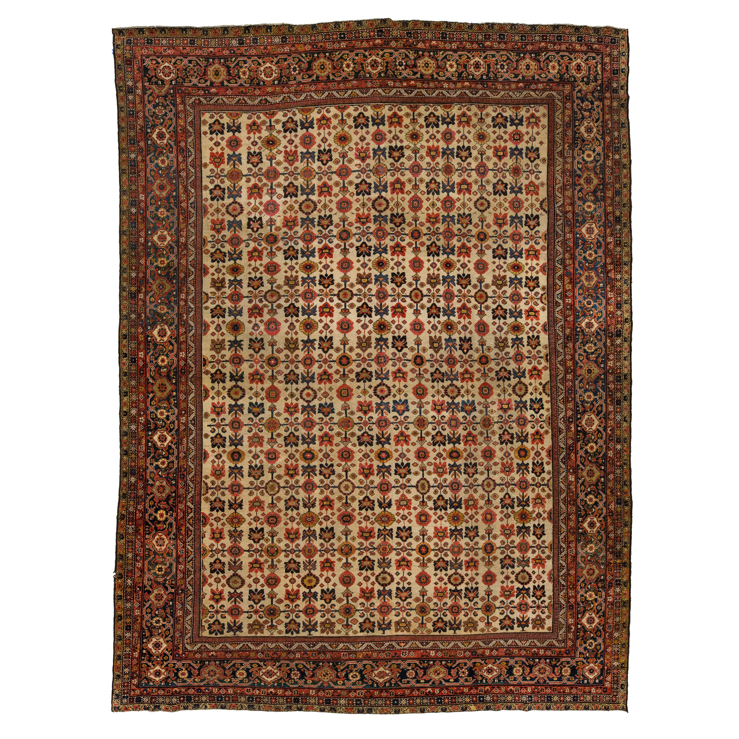 1880er Jahre antike persische Farahan Tan Wolle Teppich handgefertigt mit Allover-blumigen Mustern im Angebot