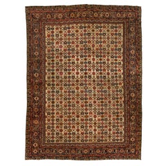 1880s Antique Persian Farahan Tan Wool Rug Handmade With Allover Floral Pattern