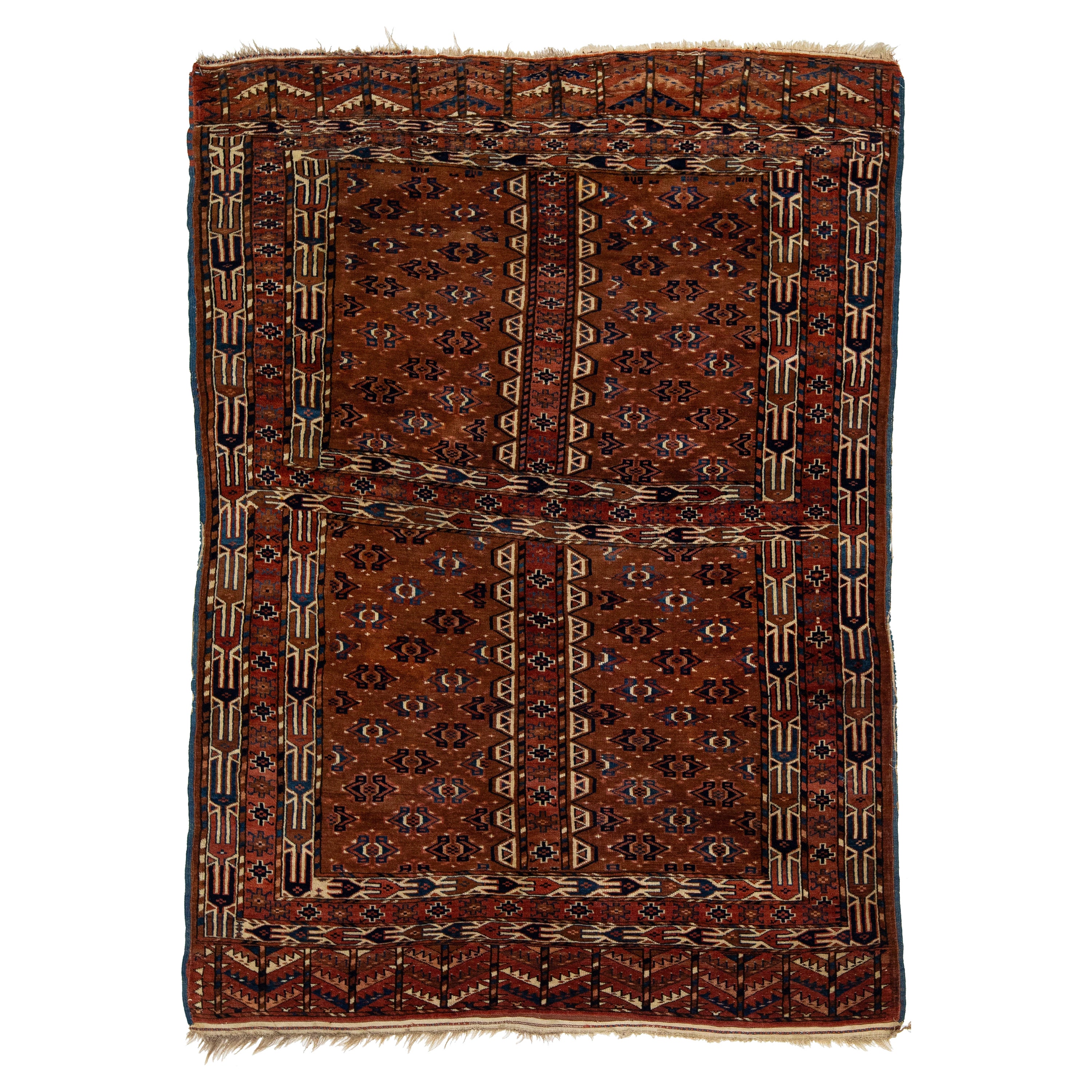 Handmade Antique Afghan Yamoud Wool Rug In Brown With Allover Pattern  For Sale