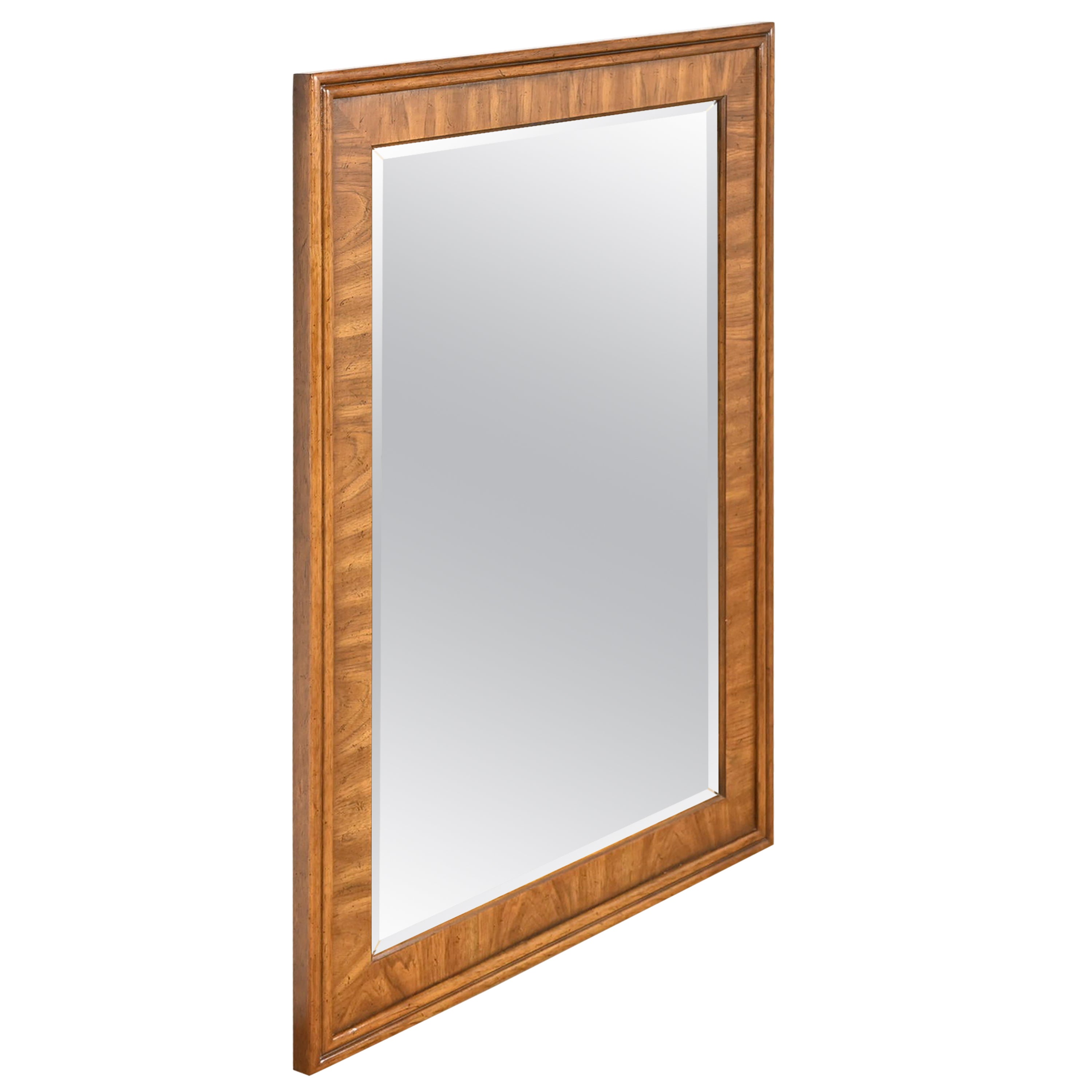 Drexel Heritage Mid-Century Modern Large Walnut Framed Beveled Wall Mirror For Sale