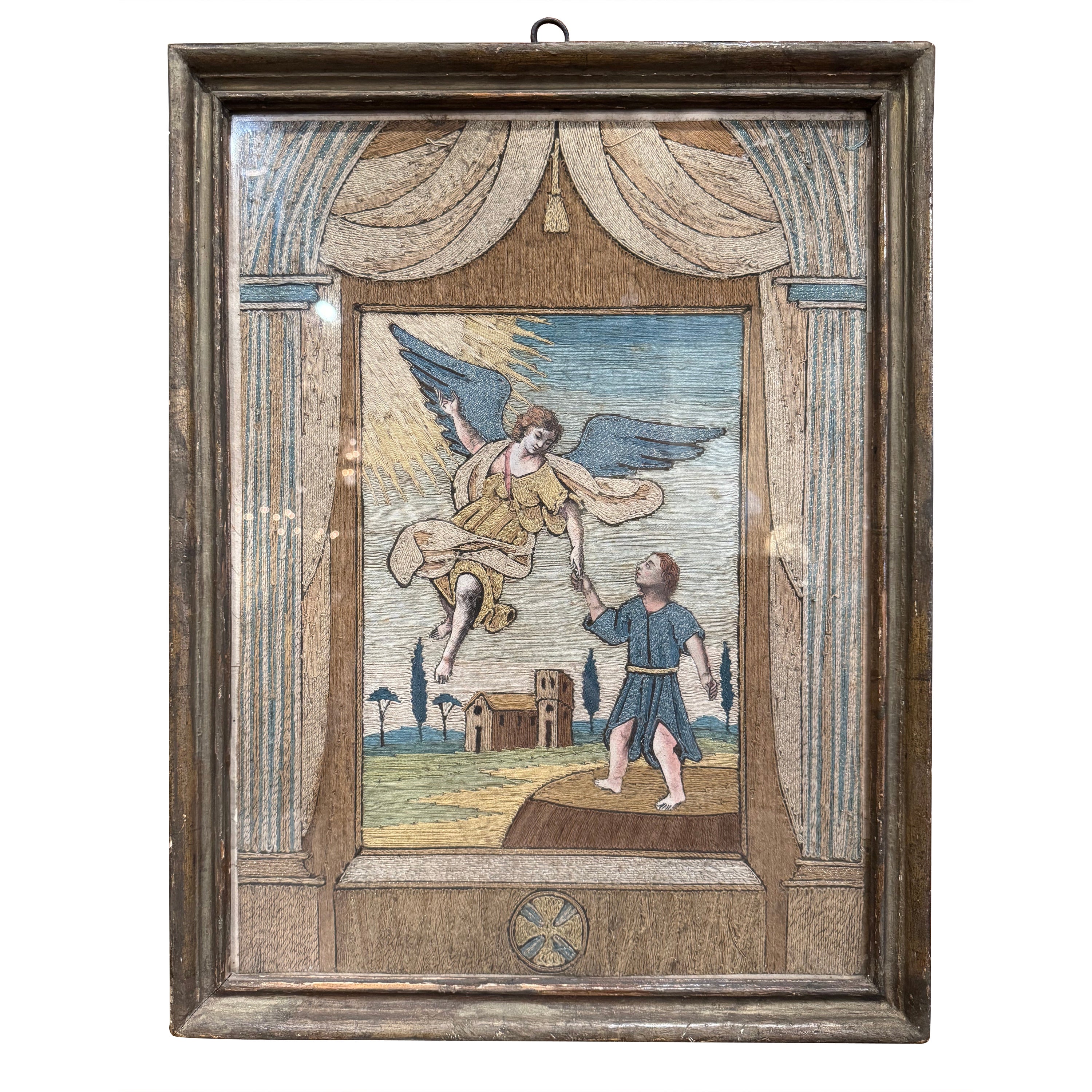 Early 20th Century Danish Framed Angel Needlepoint with Gilt Thread For Sale