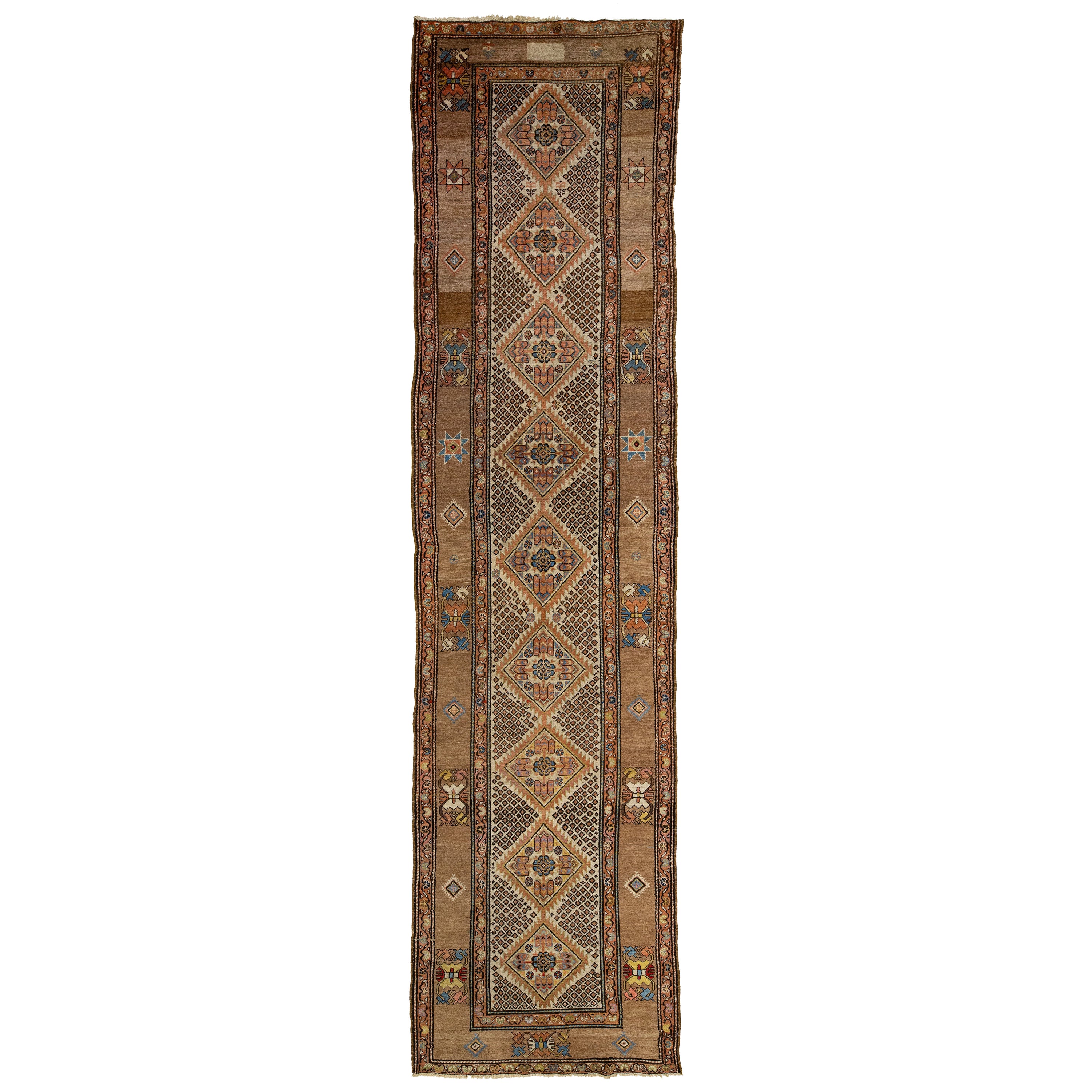 Tribal Designed Antique Wool Runner Persian Malayer From The 1900s In Beige For Sale