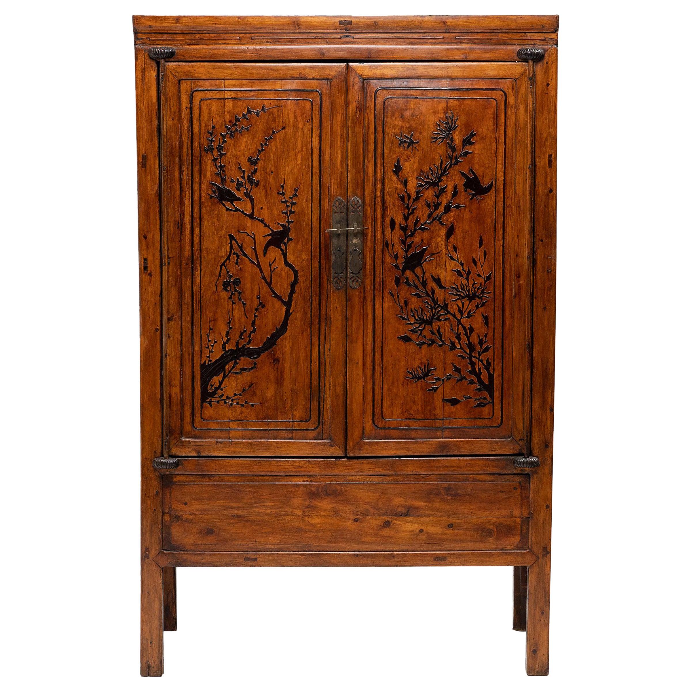 Chinese Bird-and-Flower Square Corner Cabinet, c. 1900 For Sale