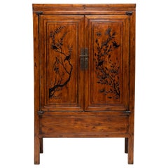 Chinesischer quadratischer Eckschrank mit Vogel- und Flower-Schrank, um 1900