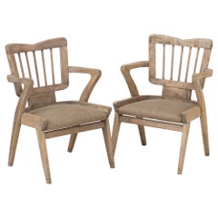 Retro Pair of Mid Century French Armchairs in Bleached Beech Wood