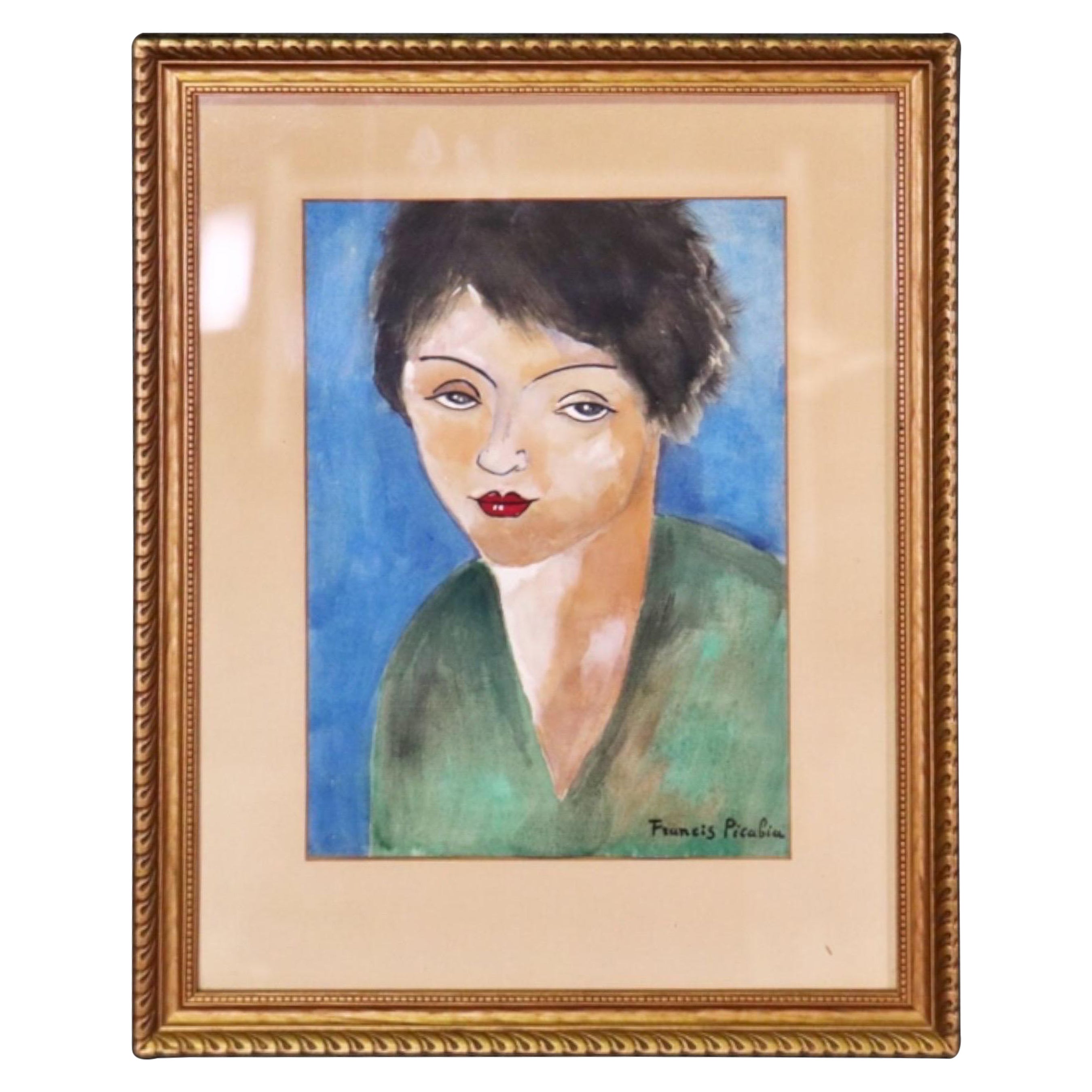Framed Watercolor Signed Francis Picabia Portrait of a Woman For Sale