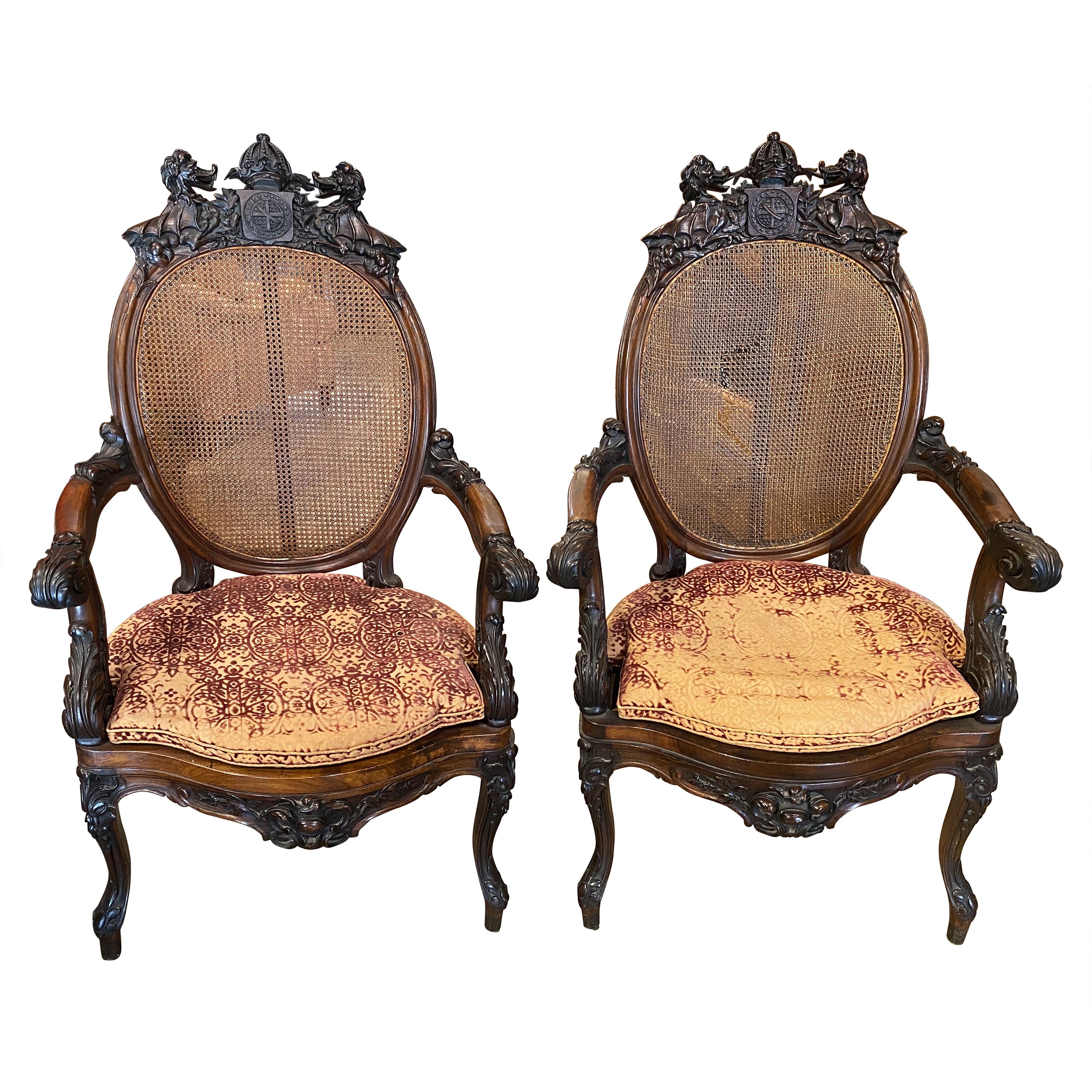 Pair of British 19th Century Carved Walnut Open Armchairs w/ Caned Backs & Seats For Sale