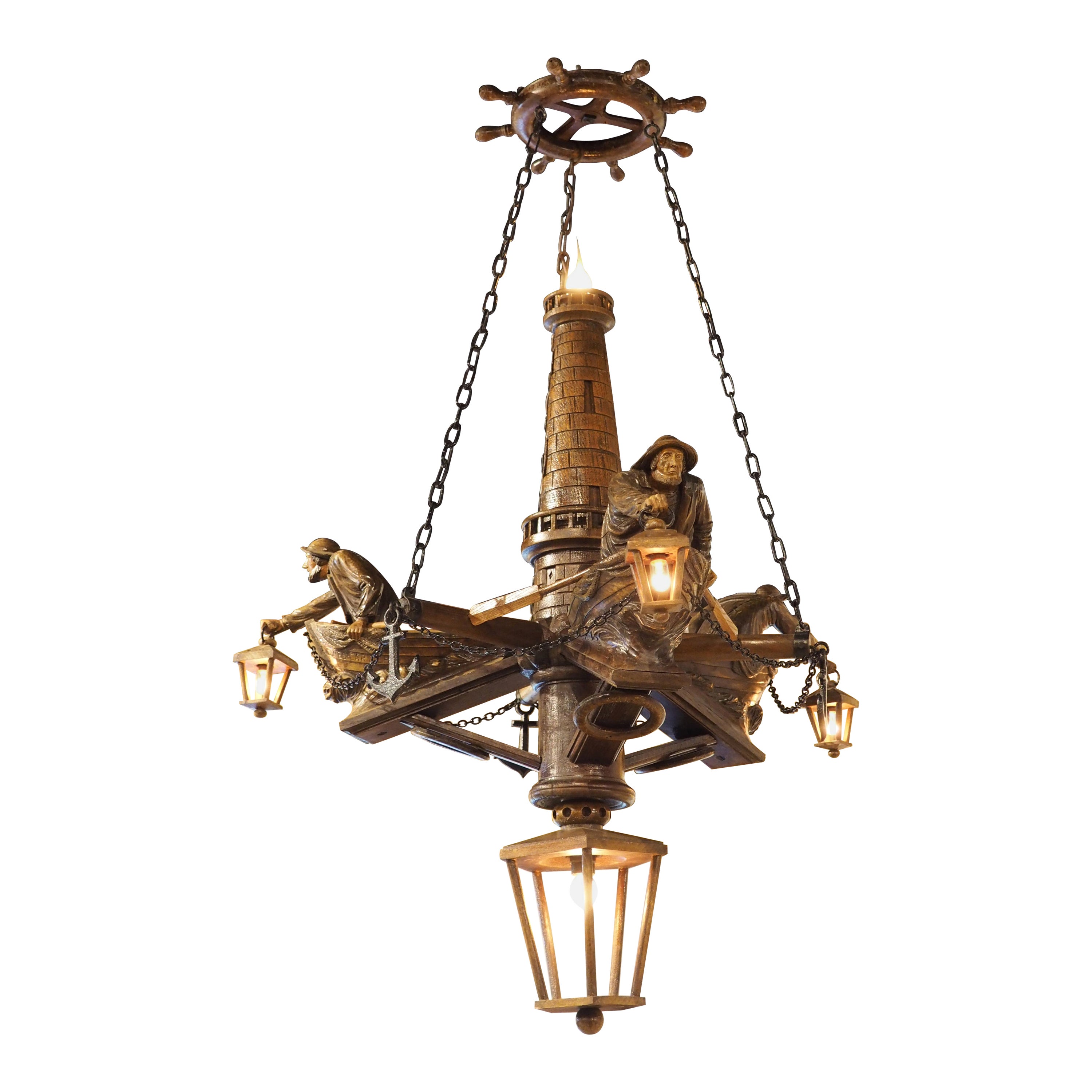 Early 1900s Carved Wood Chandelier from Brittany, France, "Sailors of St. Malo"