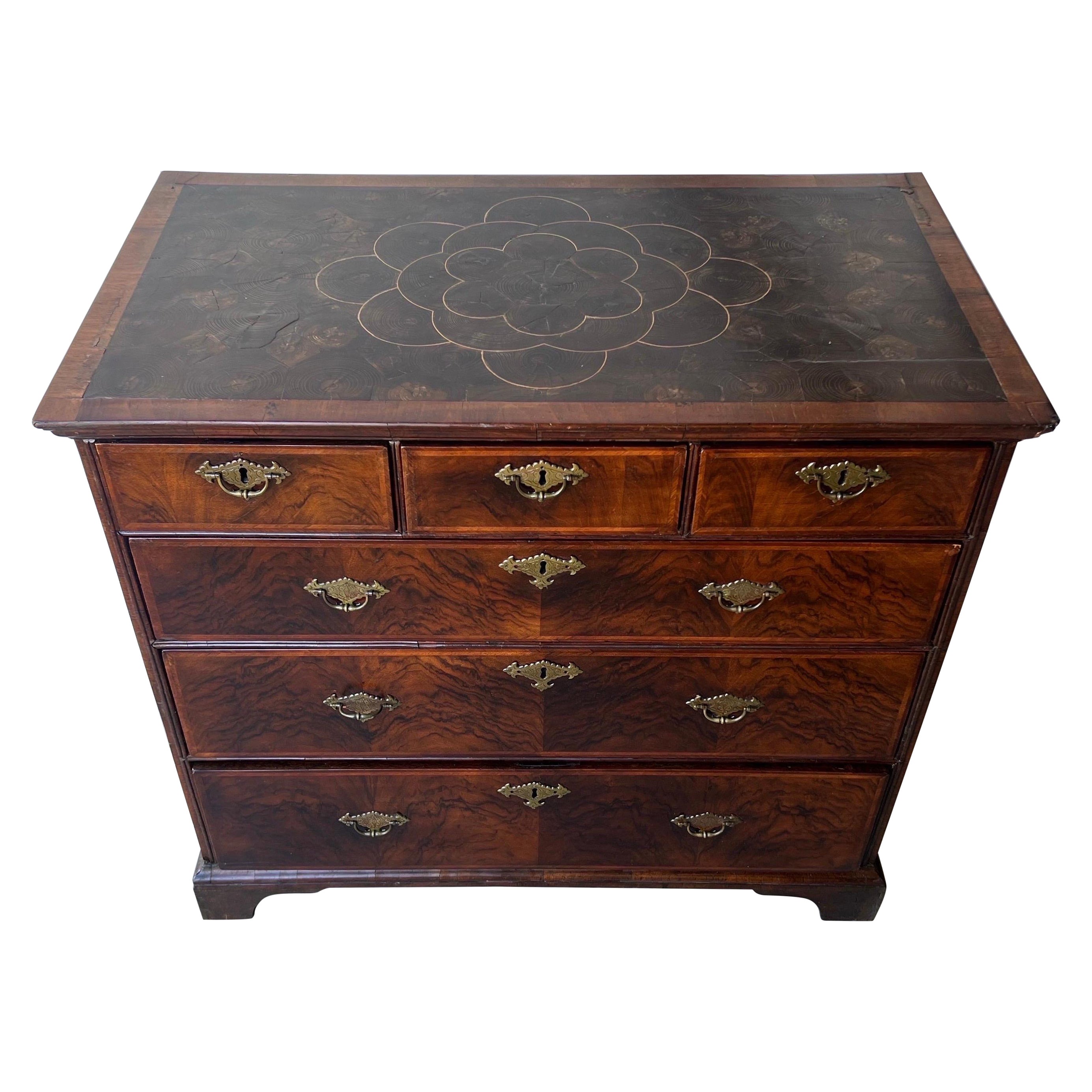 Early 18th century inlaid oyster veneered English chest 