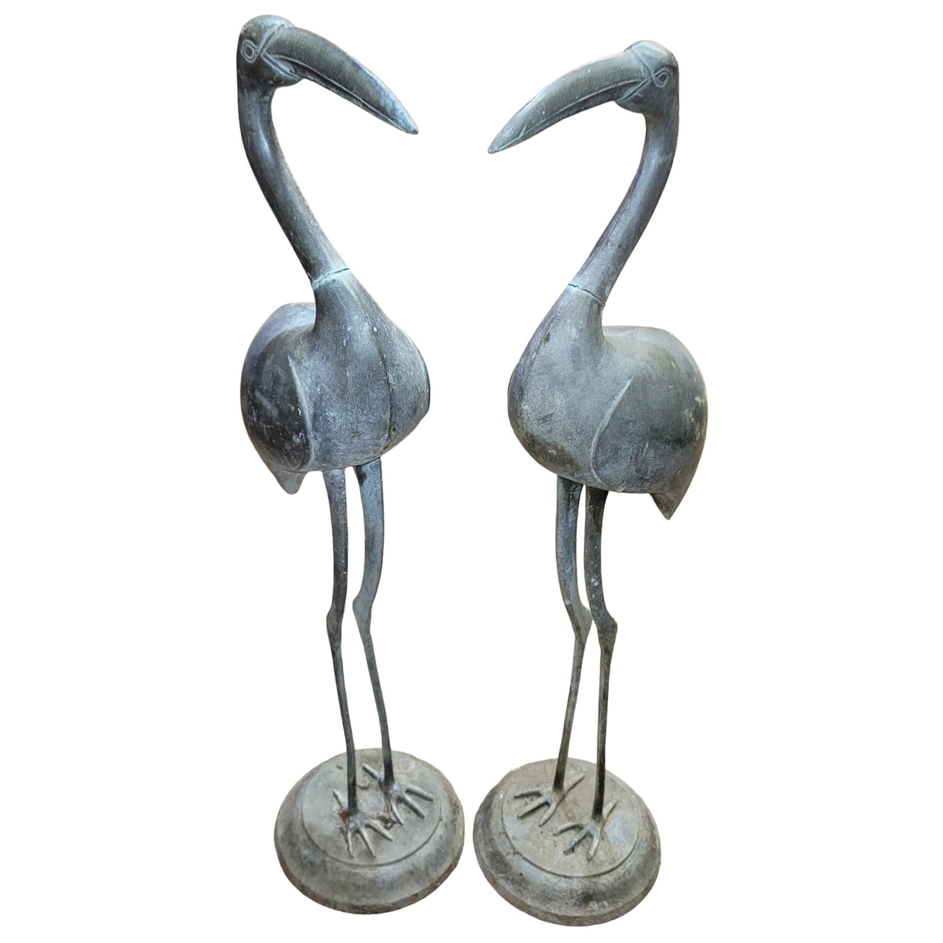 Large Bronze Crane Piped Garden Statues Pair For Sale