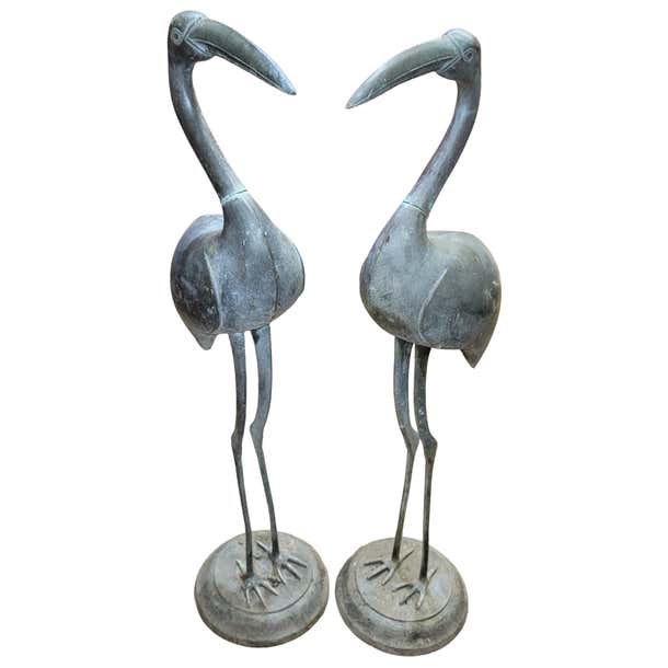Large Bronze Crane Piped Garden Statues Pair For Sale at 1stDibs