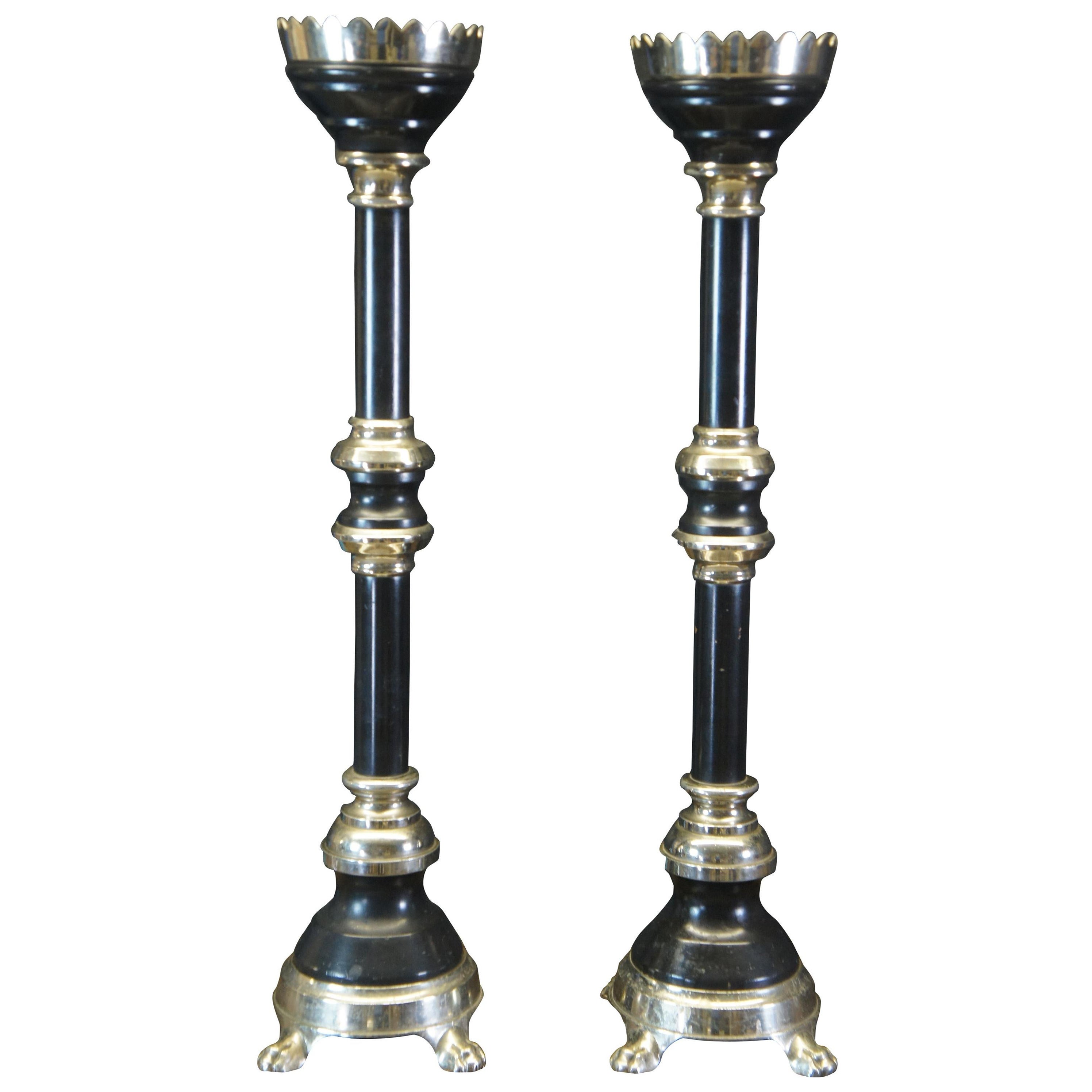 Pair of Art Deco Nickel & Ebony Floor Candlesticks Altar Sticks Claw Feet 37" For Sale