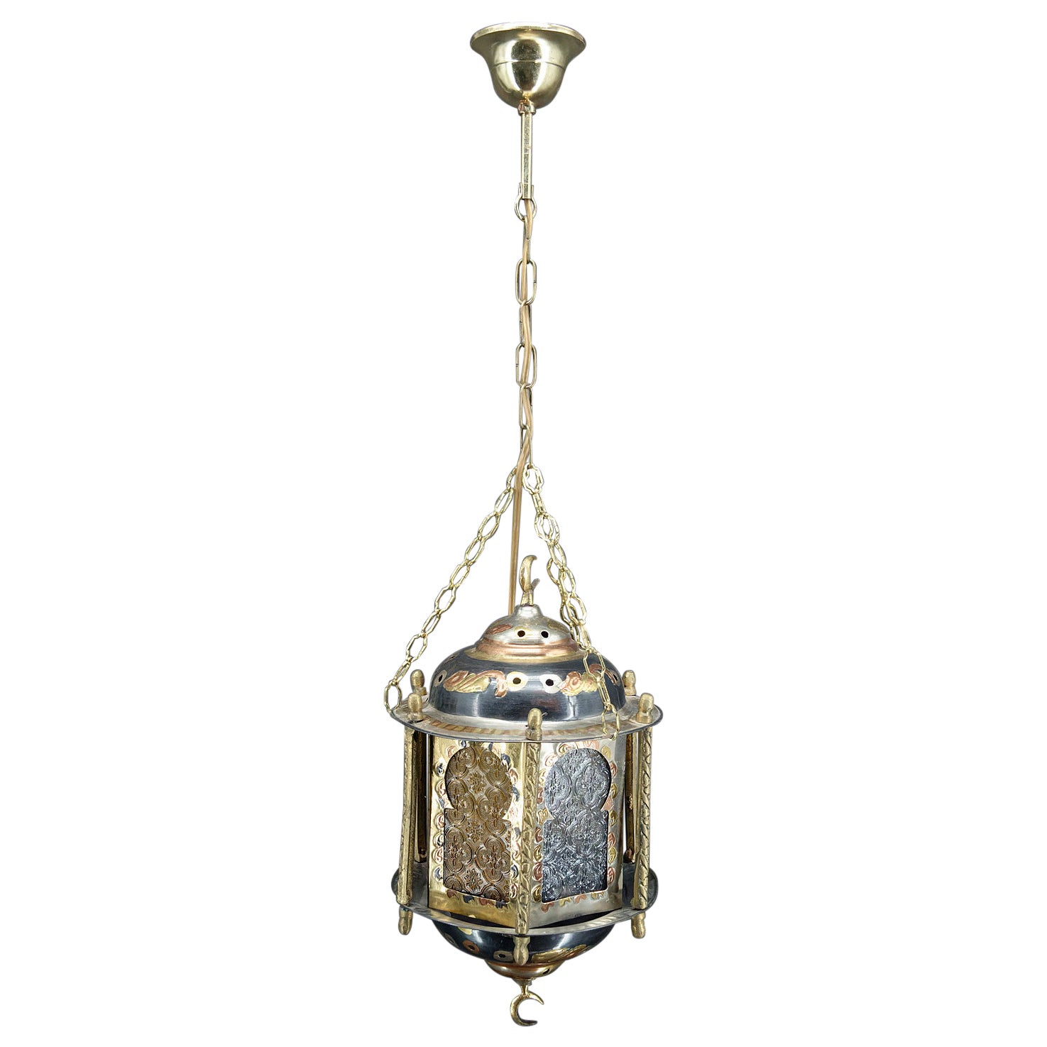 Moorish lantern in brass and colored glass, North Africa, 20th century For Sale