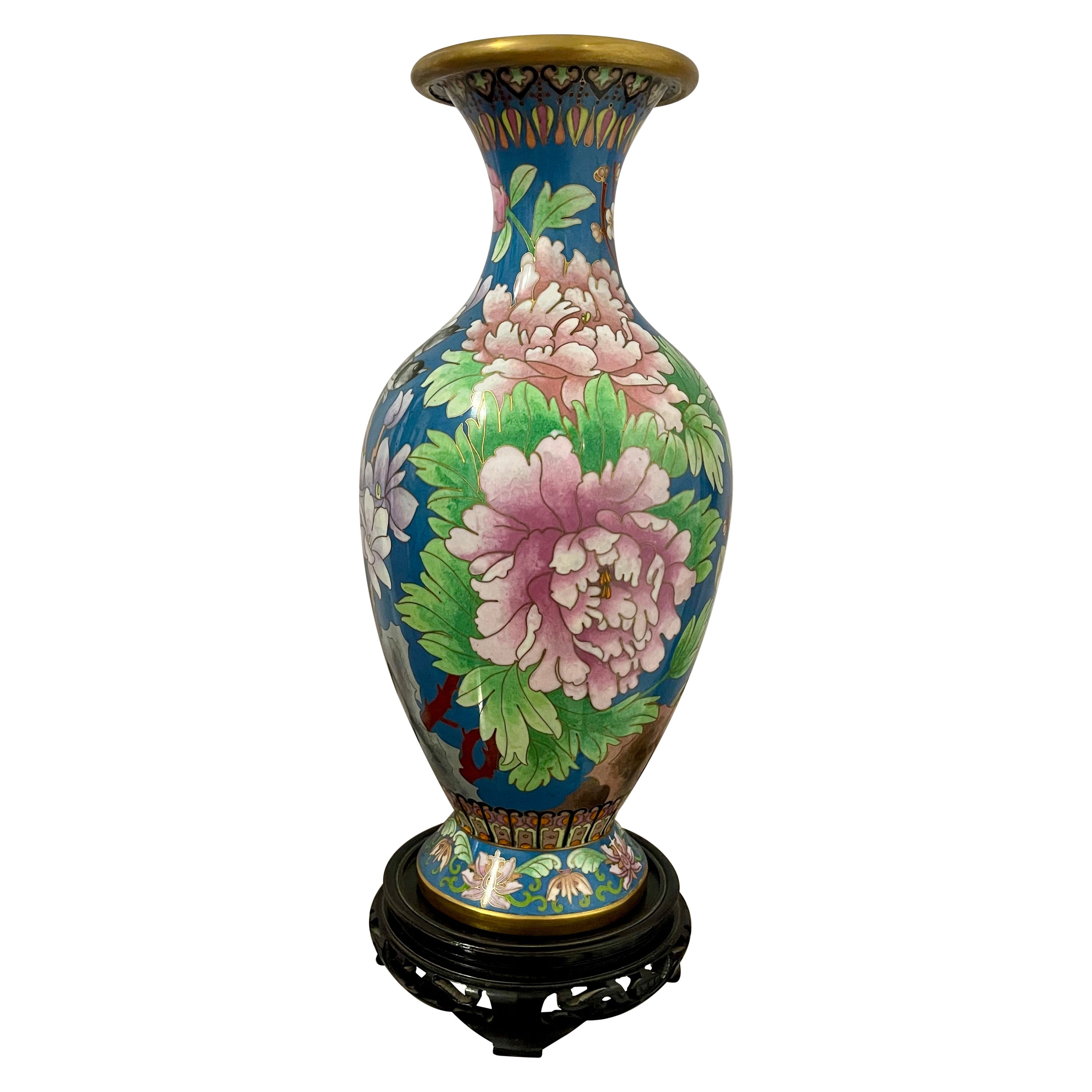 Grand Vaso Cinese Cloisonné con Uccelli e Decorazioni Floreali, Anni '60 en vente