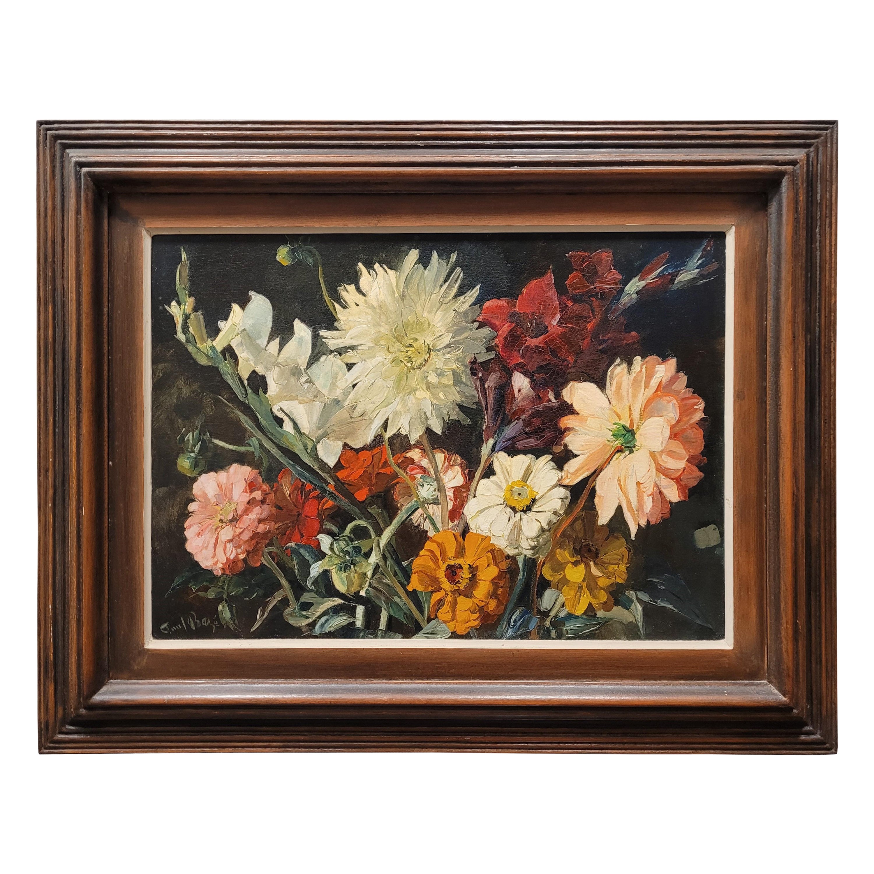 French Painting "Dahlias and Camellias" Paul Bazé, midcentury France For Sale