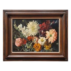 Vintage French Painting "Dahlias and Camellias" Paul Bazé, midcentury France