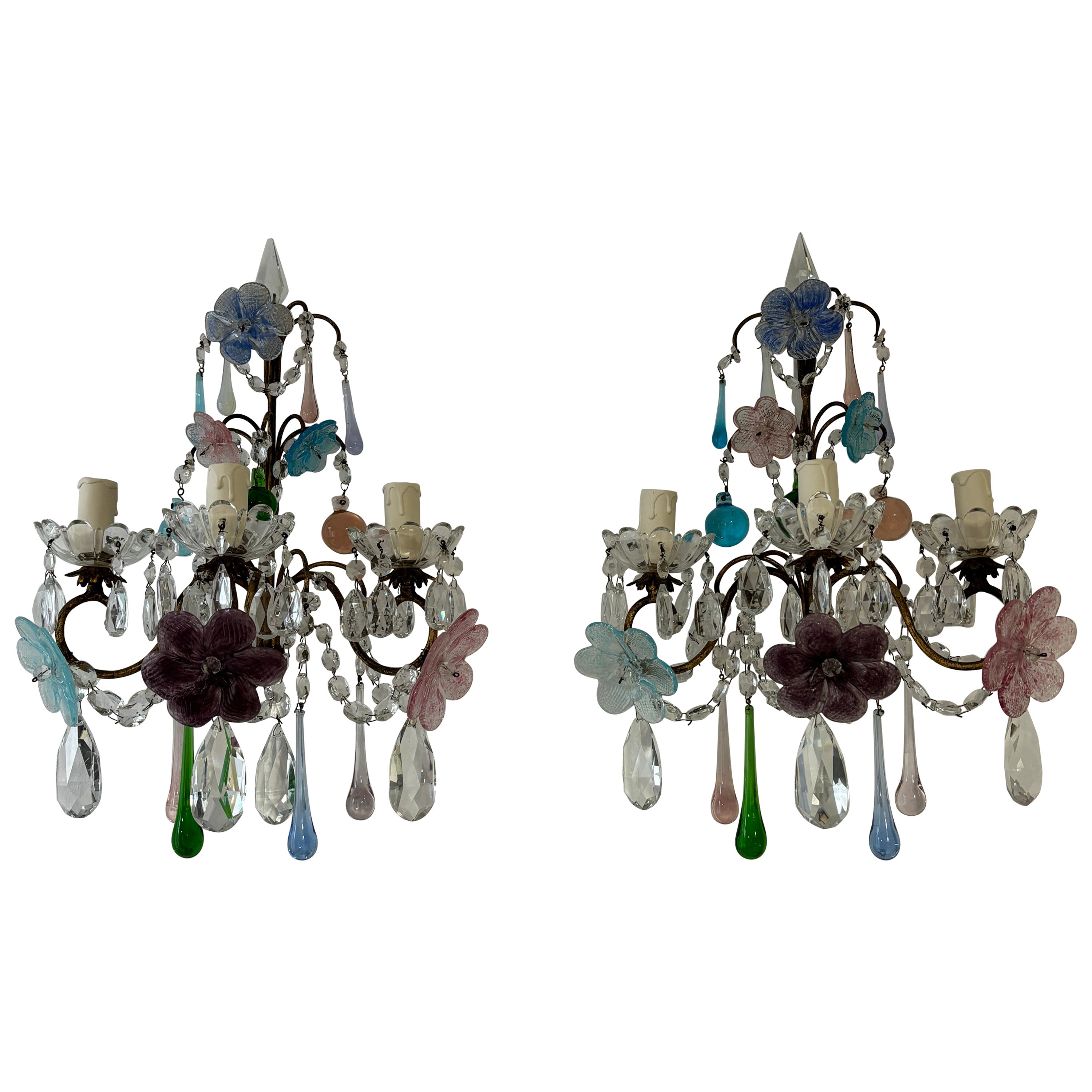 Fleurs italiennes en verre de Murano multicolore à 3 niveaux avec appliques en forme de lances en cristal 1930