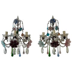 Vintage Italian Multi Color Murano Glass Flowers 3 Tiers with Spear Sconces Crystal 1930