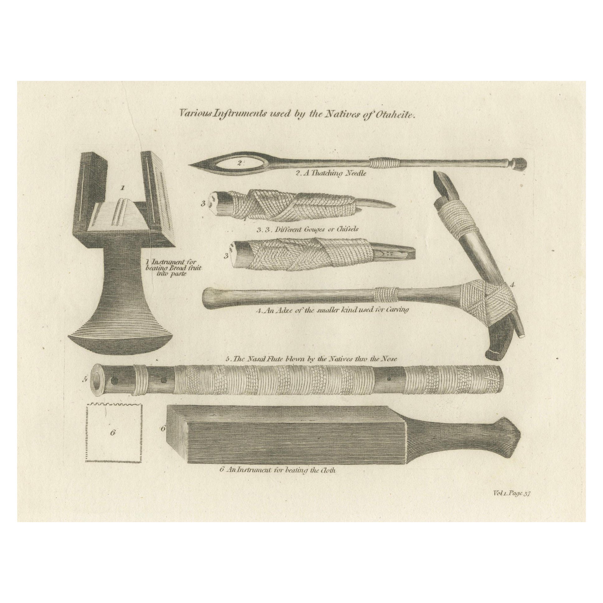 1793 Ethnographic Engraving of Otaheitean Tools in Tahiti, French Polynesia For Sale
