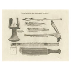 1793 Ethnografische Gravur Otaheitswerkzeuge in Tahiti, Französische Polynesia