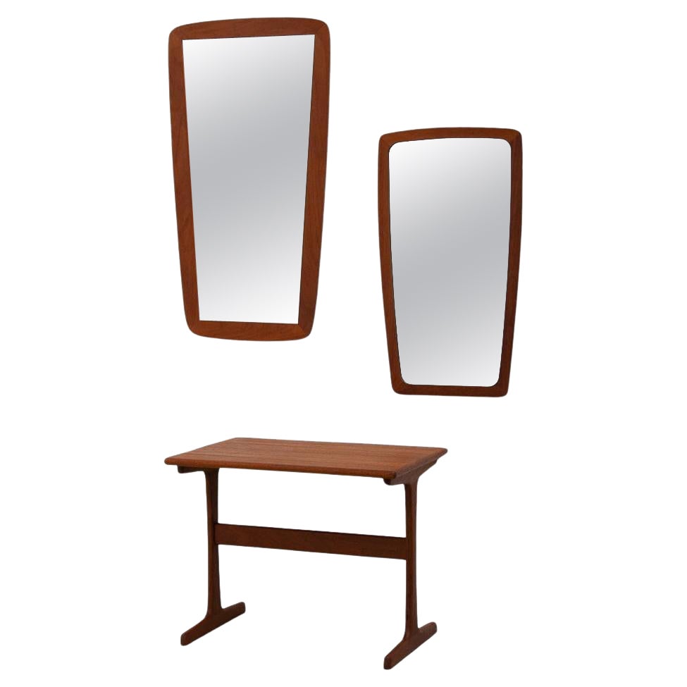 Danish Modern Teak Mirrors and Table, 1960s. Set of 3. For Sale