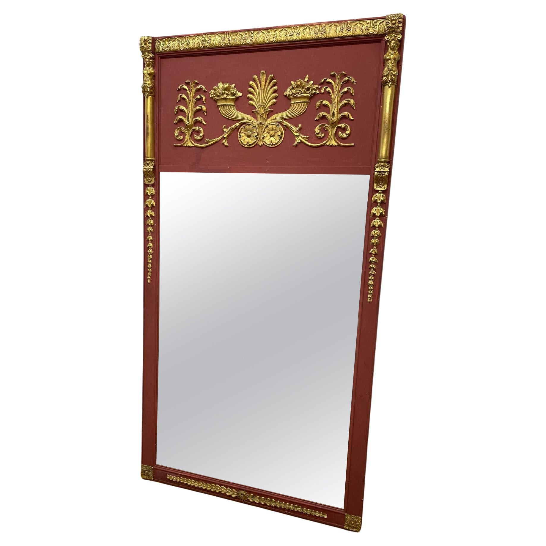 Neo-Classical Gilded and Red Painted Mirror With Cornucopia Design For Sale