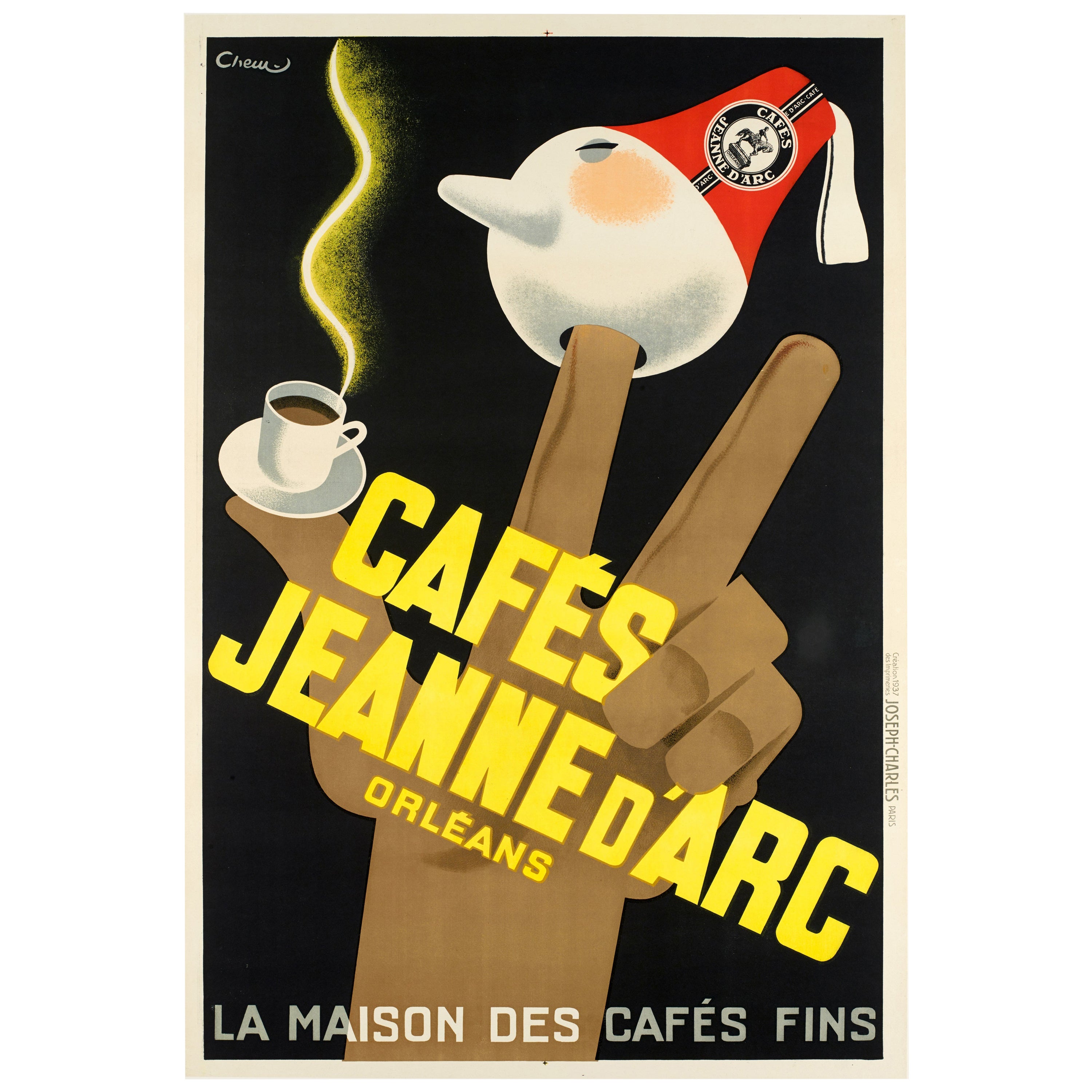 Affiche vintage d'origine, Jeanne d'Arc Coffee, Roaster, Fez, Fingers, 1934 en vente