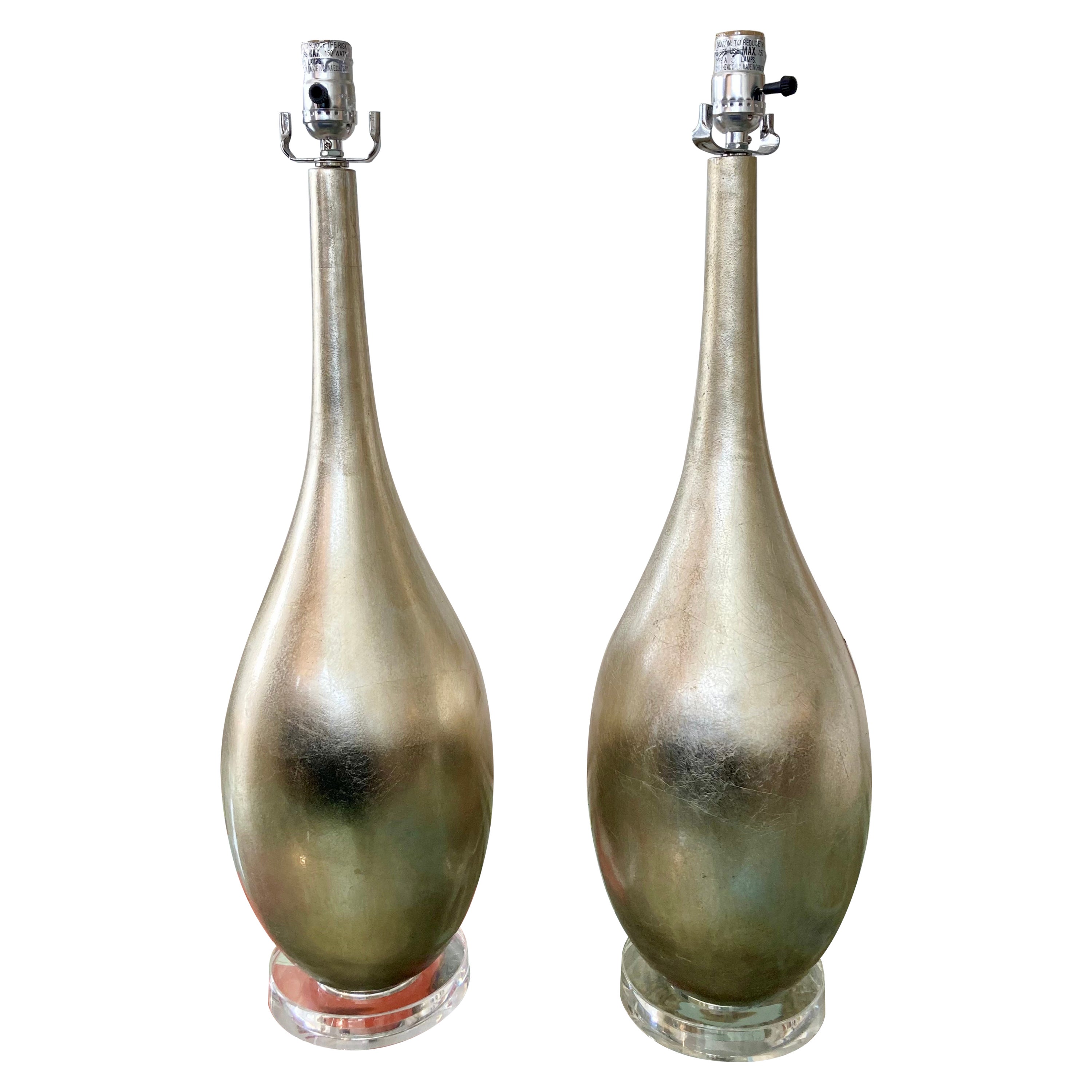 Modern Antique Silver Leaf Table Lamps With Lucite Bases, a Pair For Sale