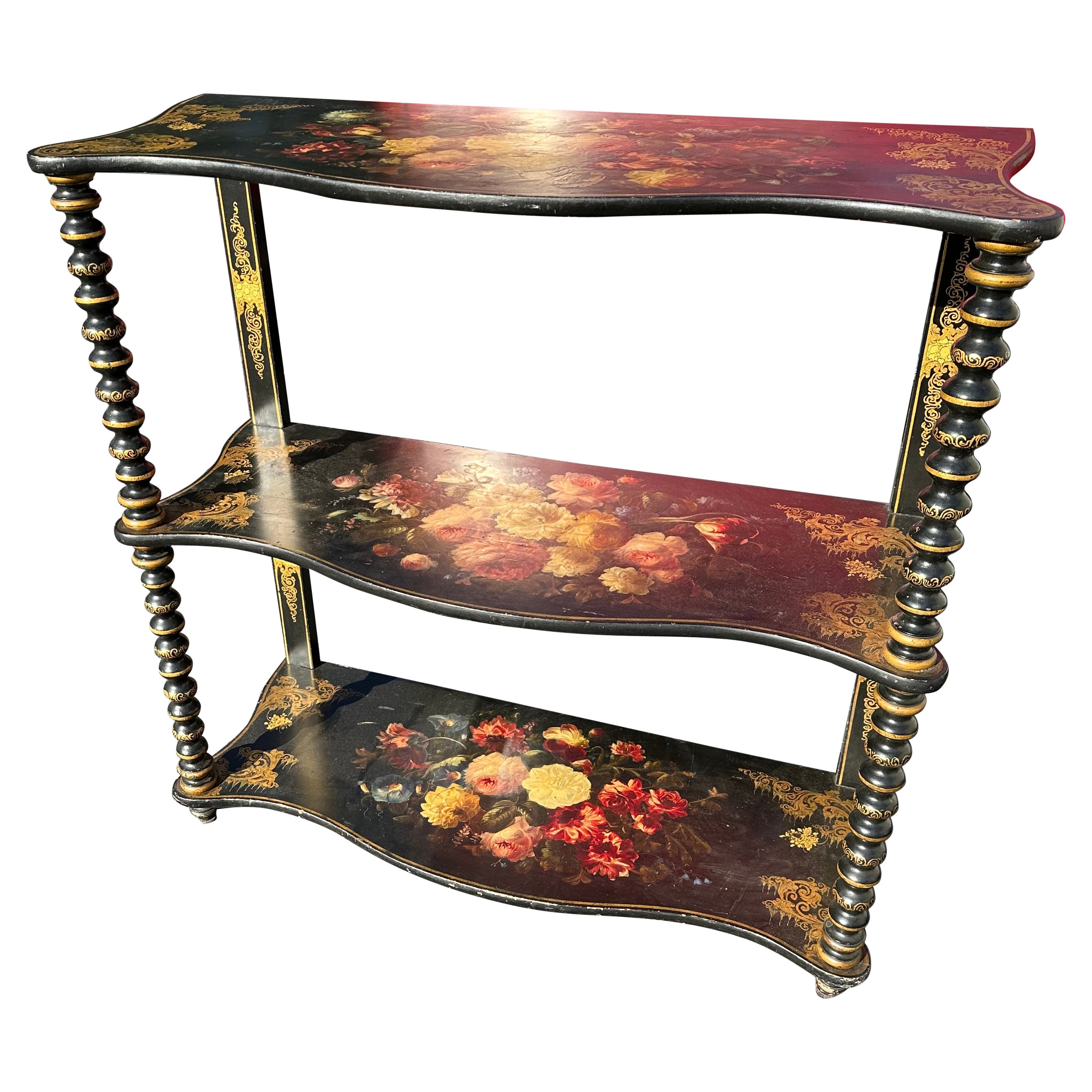 Lovely 3 Tier Victorian Handpainted Console Table and Shelves For Sale