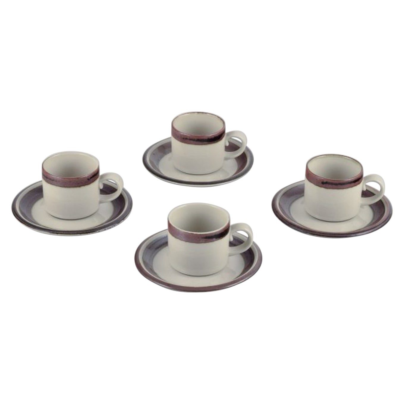 Arabia, Finland. "Karelia". Four sets of coffee cups and saucers in stoneware.  For Sale