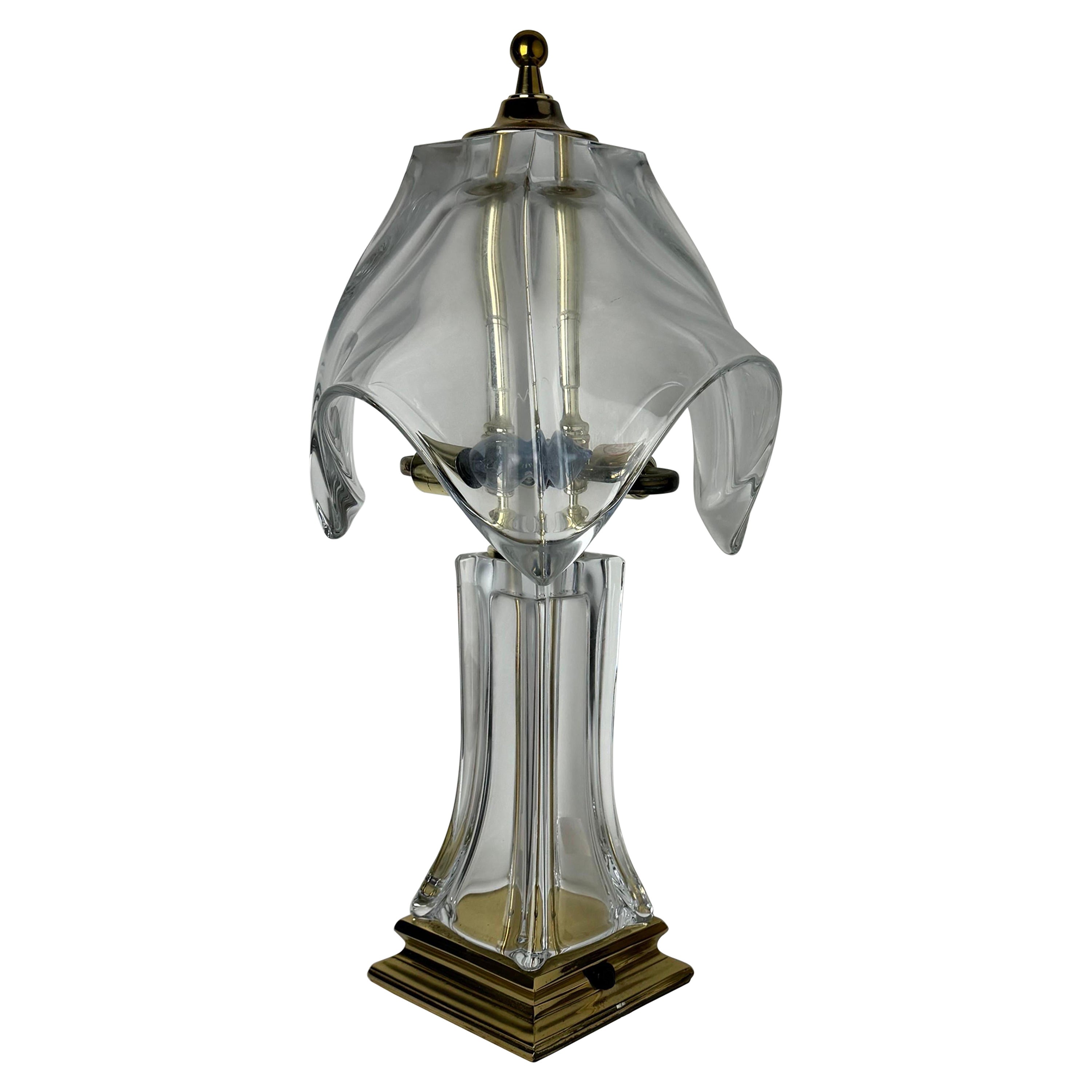 1970's Cofrac Leaded Crystal Glass and Brass Table Lamp For Sale
