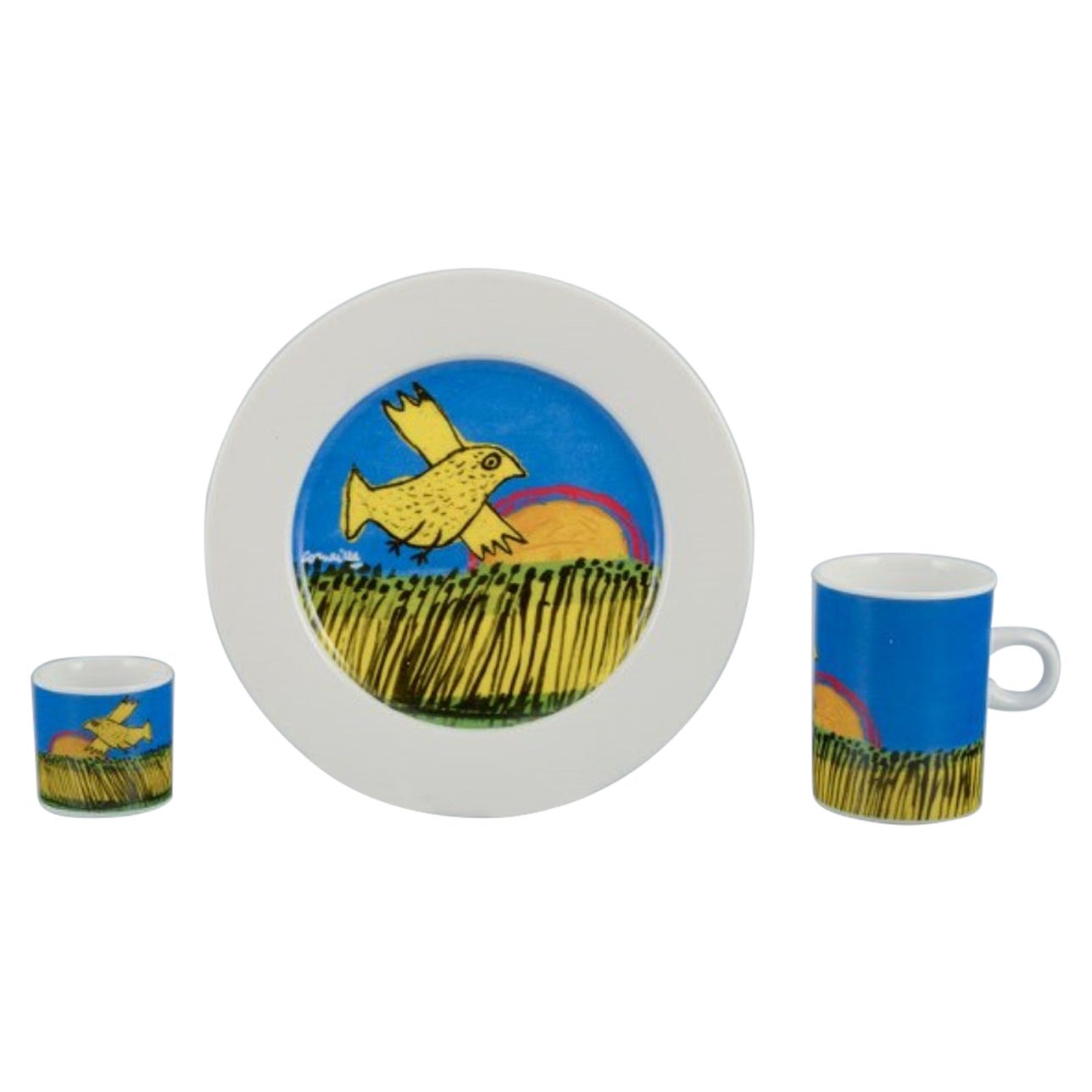 Corneille, Dutch CoBrA artist. Coffee cup, plate and egg cup, 1980/90s For Sale