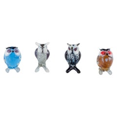 Murano, Italy. Collection of four miniature glass figurines of owls.
