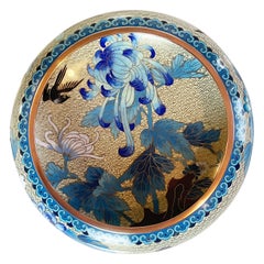 1960s Large Chinese Cloisonné Bowl Blue Beige Enamel Inlay Birds & Chrysanthemum