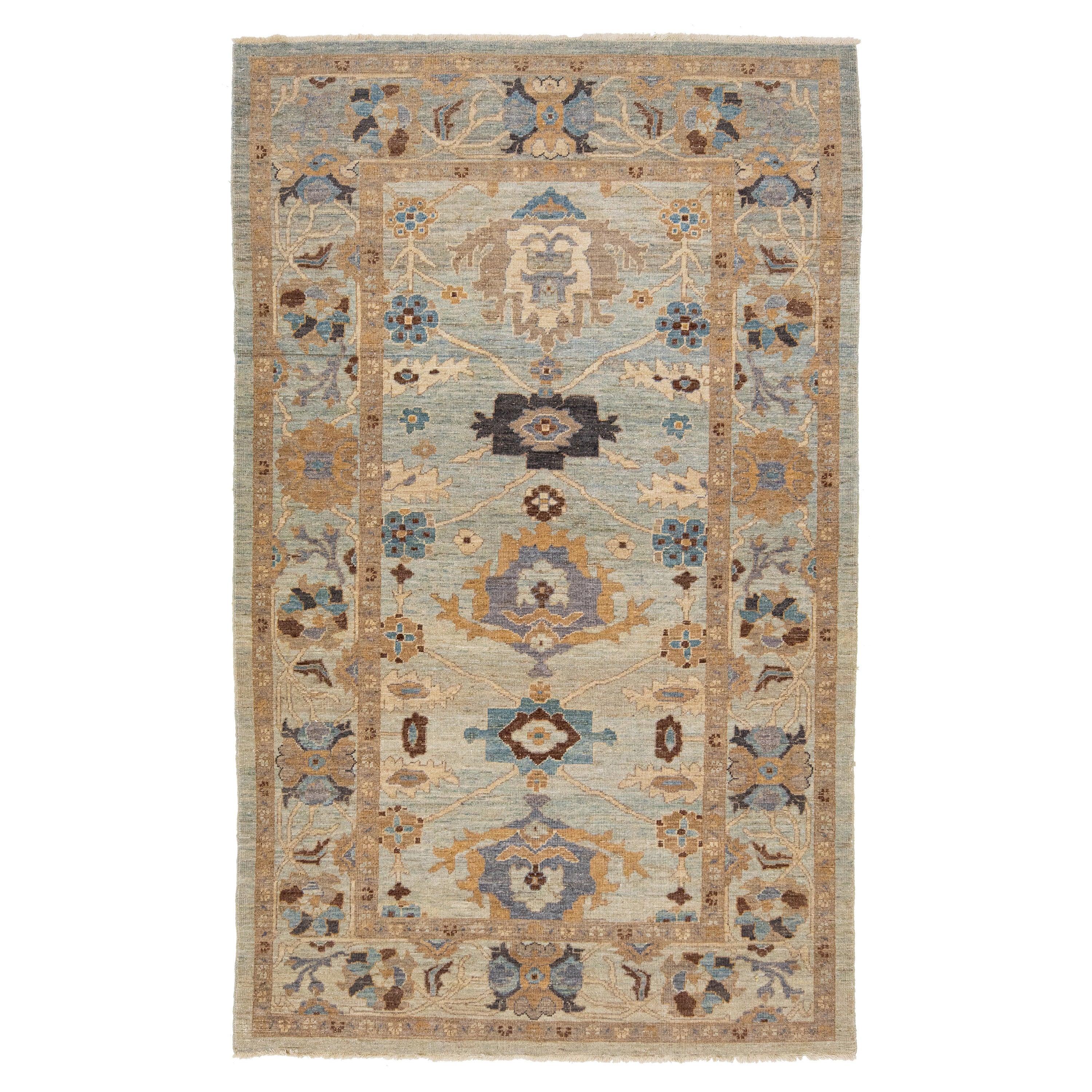 Blue Handmade Modern Sultanabad Wool Rug with Floral Motif