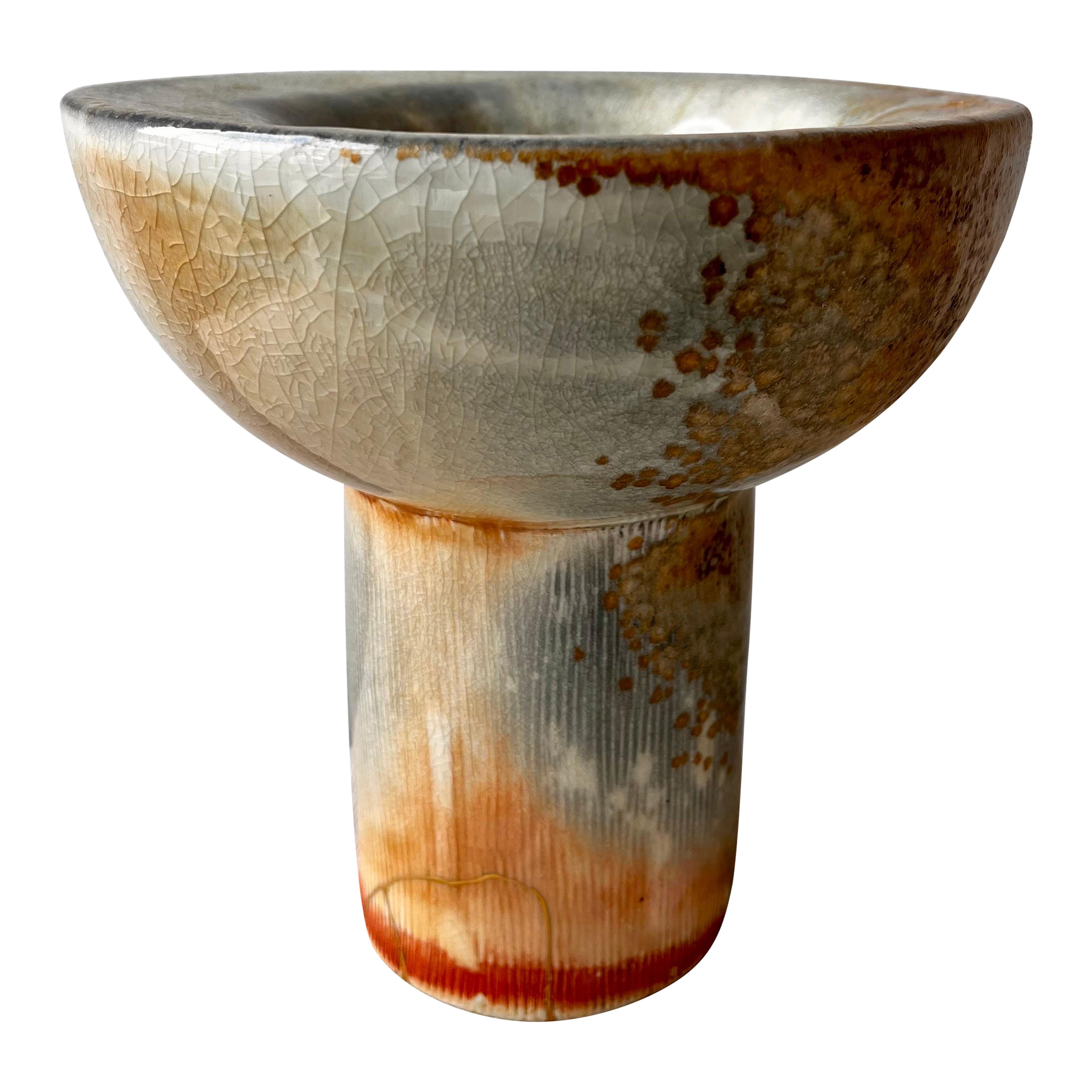 Wood-Fired Porcelain Pedestal Bowl 22K Gold Kintsugi Repair Hand-Built Ceramic  For Sale