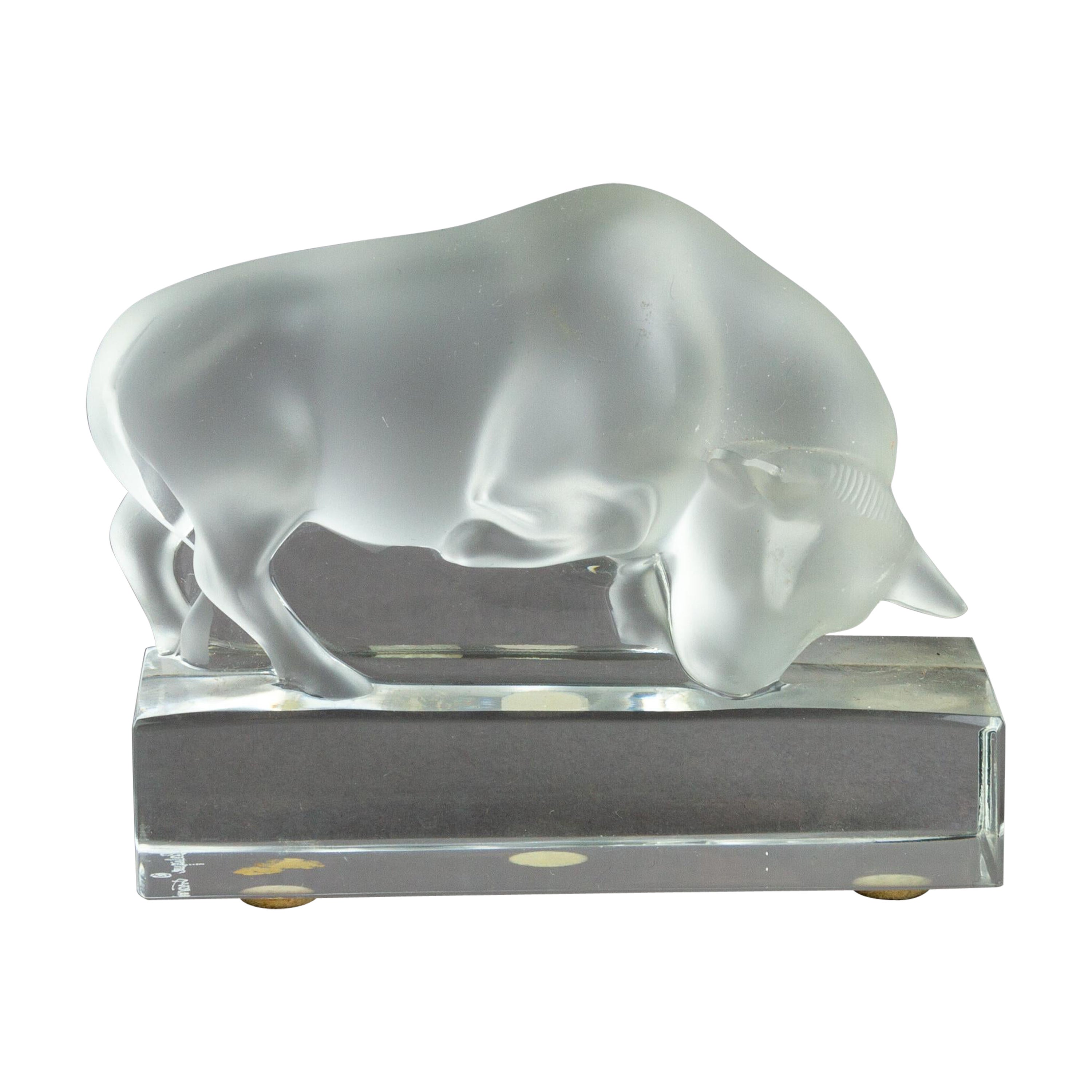 Signed French Lalique Frosted Glass Bull Sculpture
