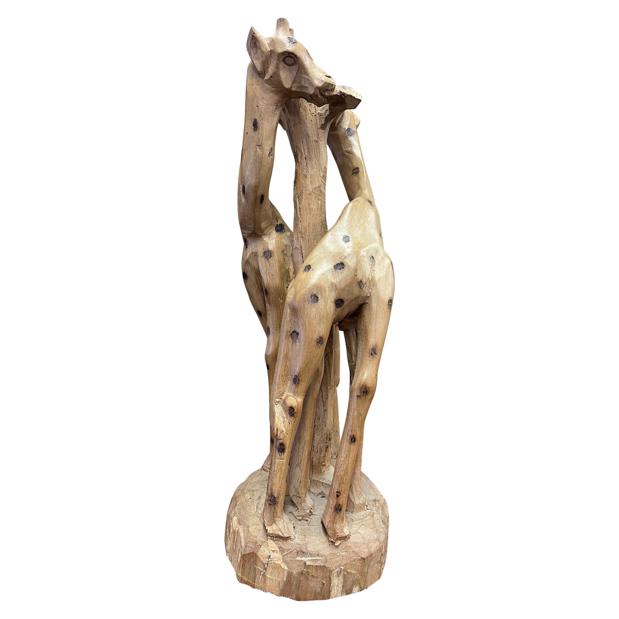 Vintage Hand Carved Giraffe Wooden Sculpture.