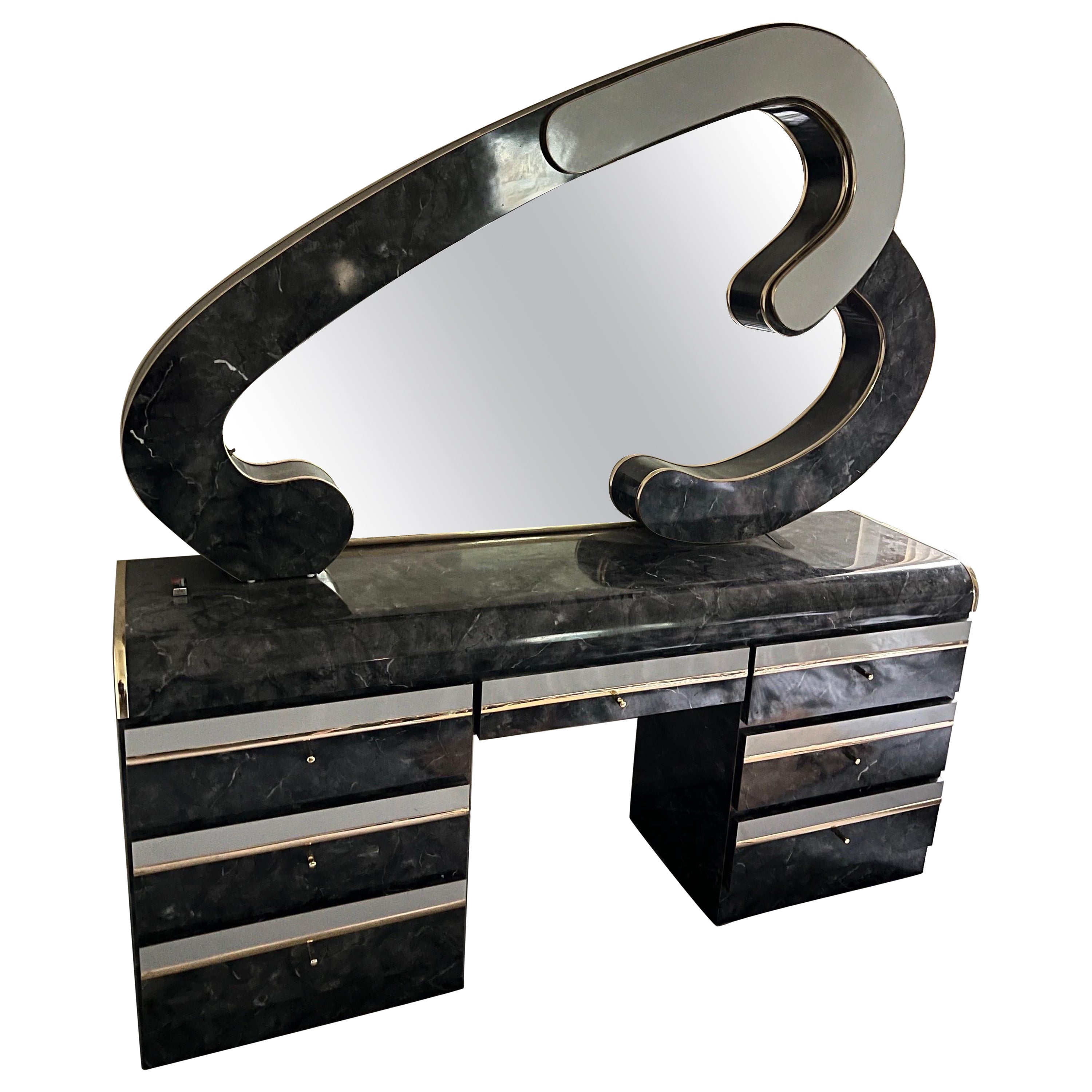 1980 Faux Marble Heart Black Laminate Mirror Vanity Dresser