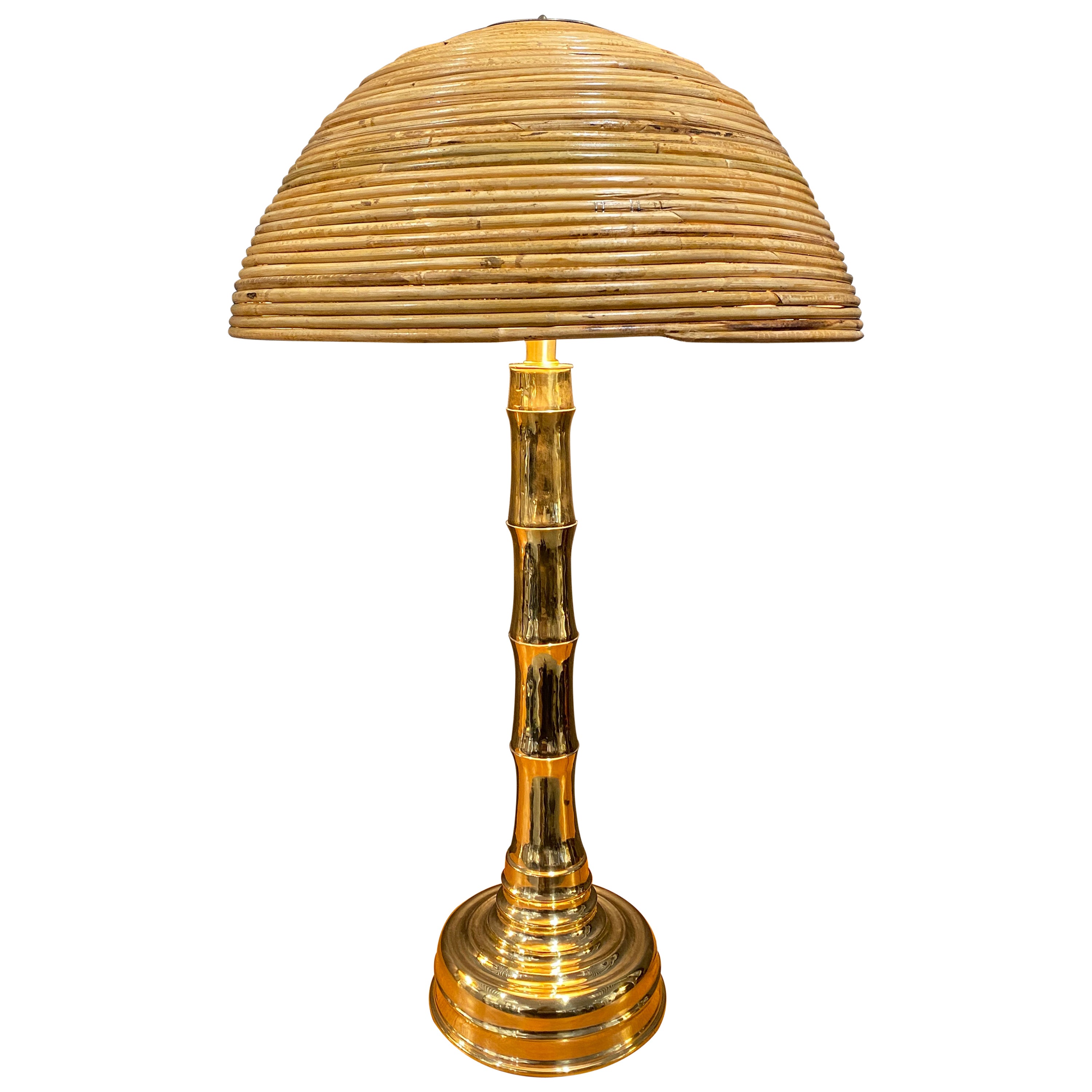 Italian Contemporary Gabriella Crespi Style Brass Lamp with Bamboo Lampshade For Sale