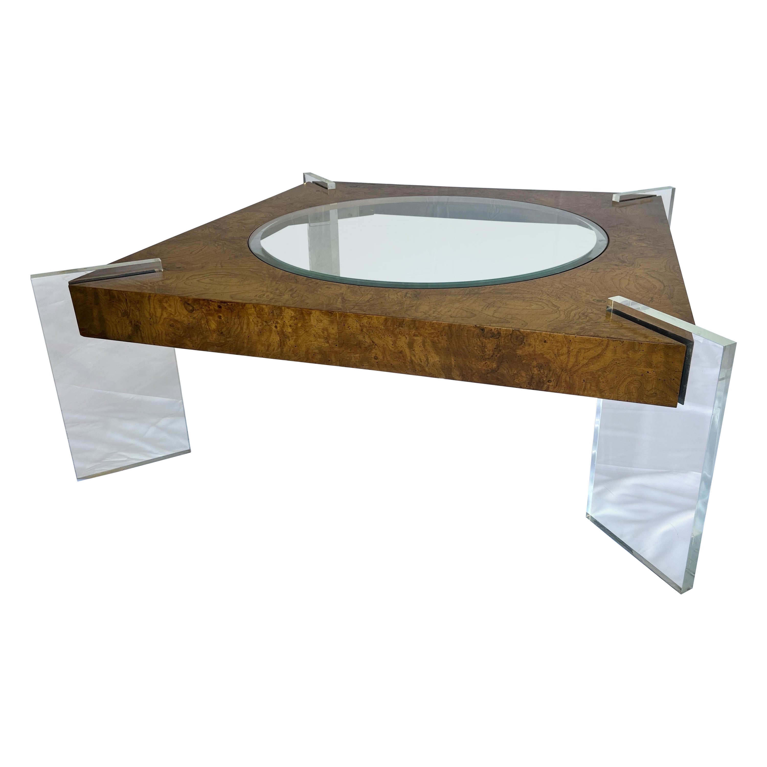 1970s Vladimir Kagan Burl Walnut, Lucite and Glass Low Table For Sale