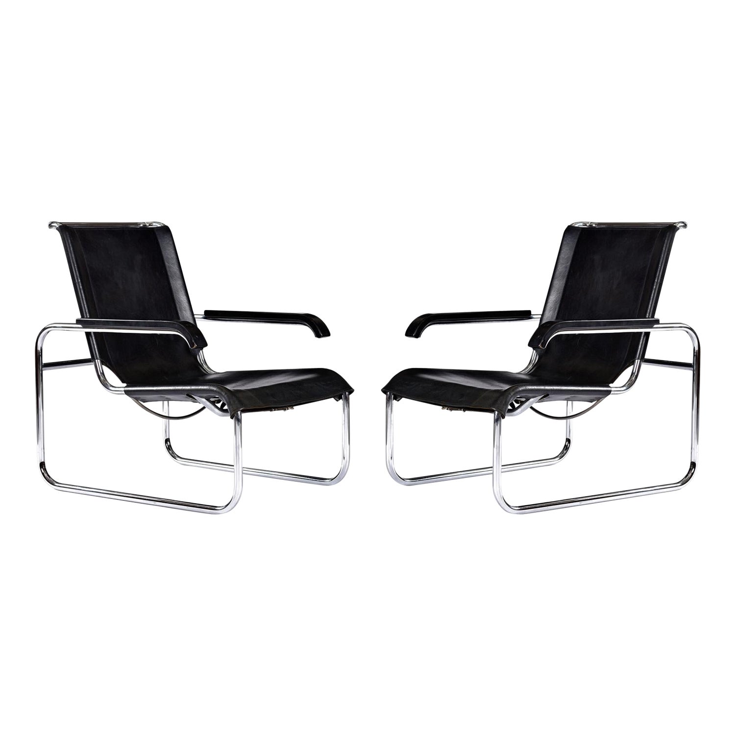 Marcel Breuer For Thonet B35 Cantilever Leather Sling Lounge Chairs Set of 2