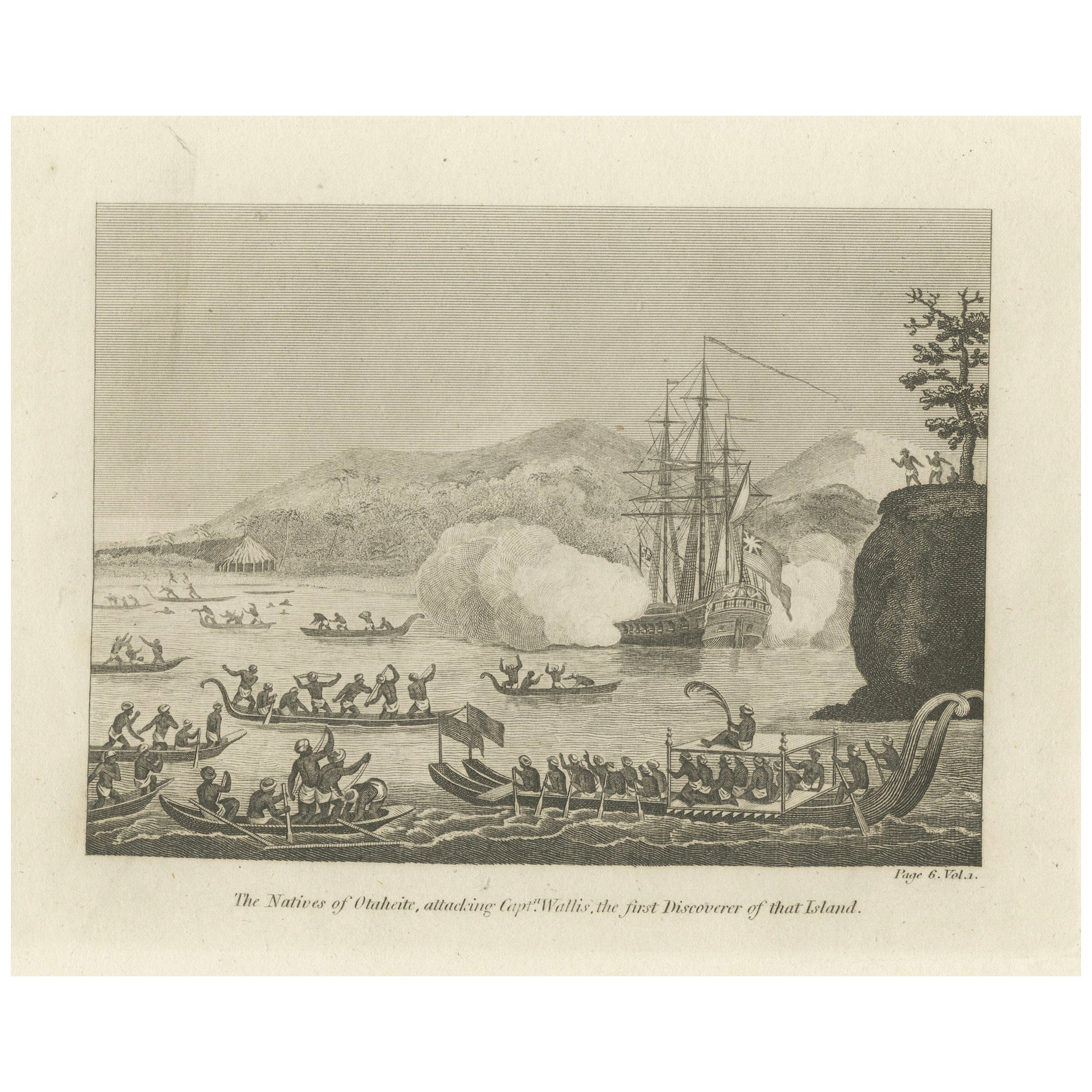 Encounters at Dawn: The Standoff at Tahiti with Captain Wallis Engraved, 1801 For Sale